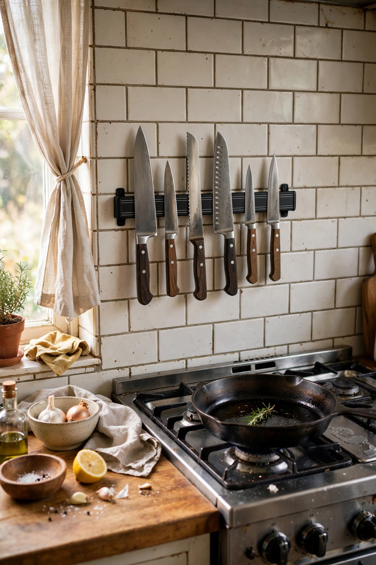 Magnetic knife strip mounted on a kitchen backsplash