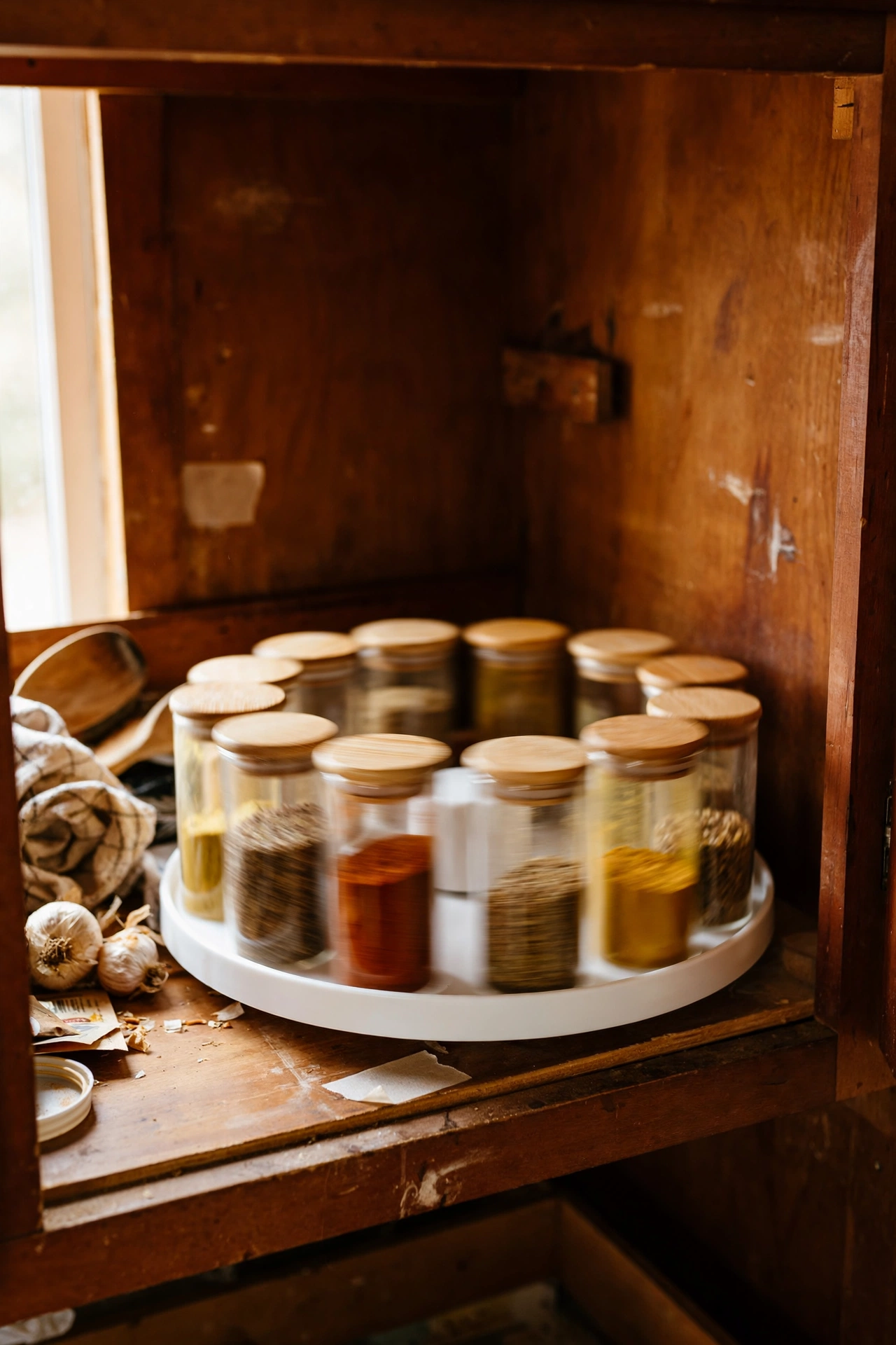 Turntable organiser with spices in a deep kitchen cabinet
