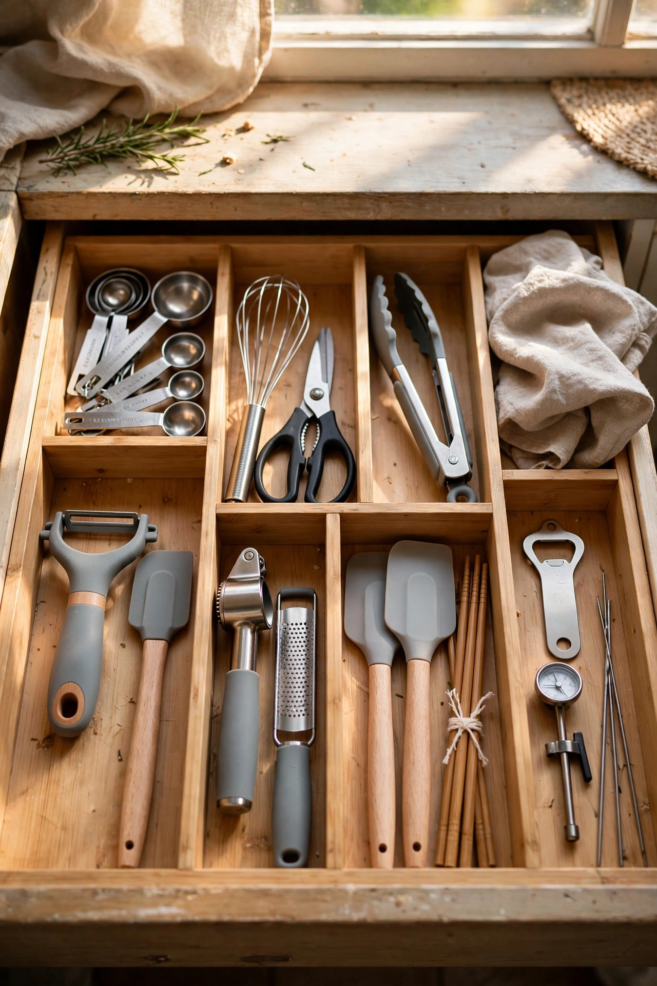 Kitchen utensil drawer sorted into divider trays