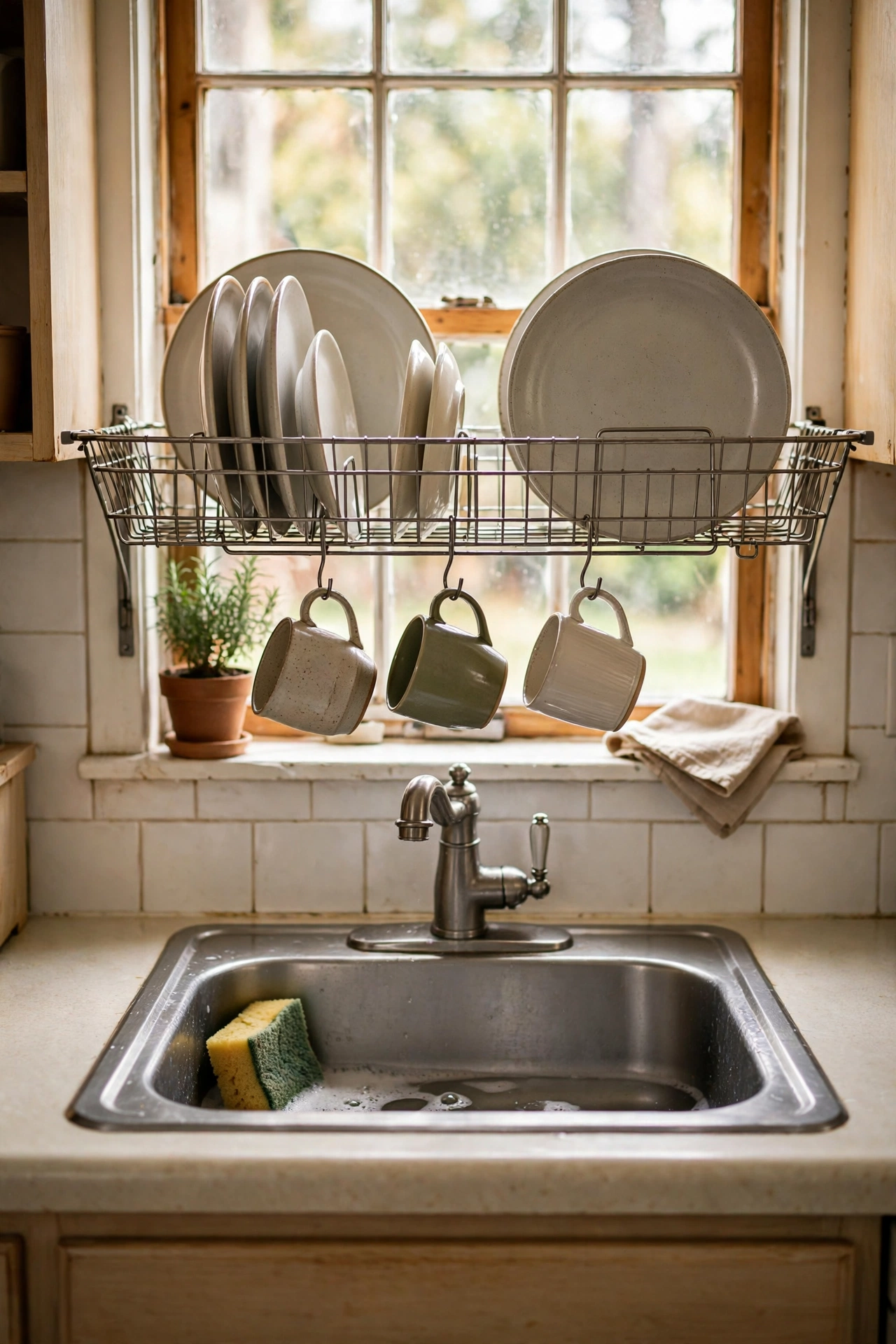Over-sink dish drying rack keeping the counter clear