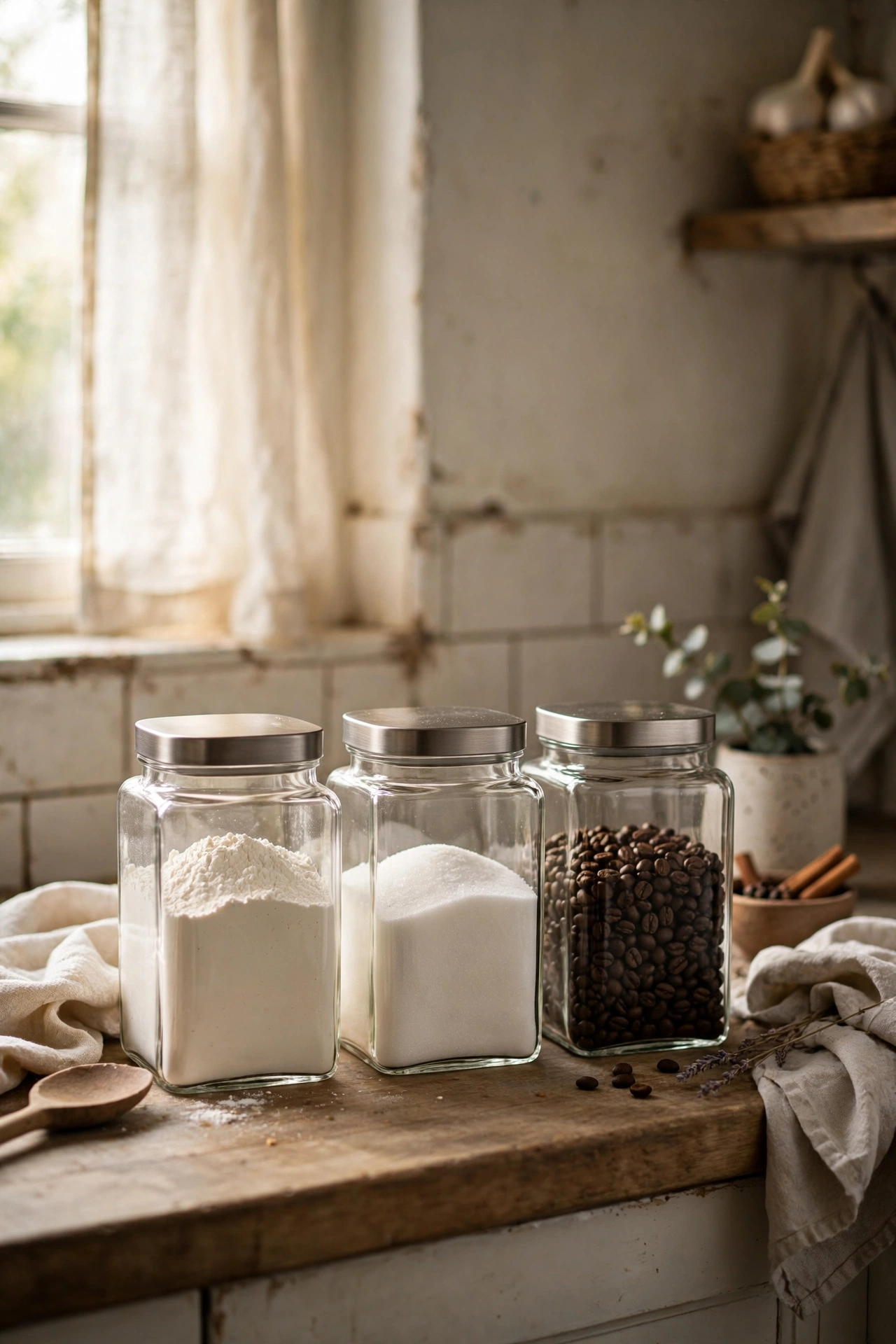 Matching square canisters for flour sugar and coffee on a counter