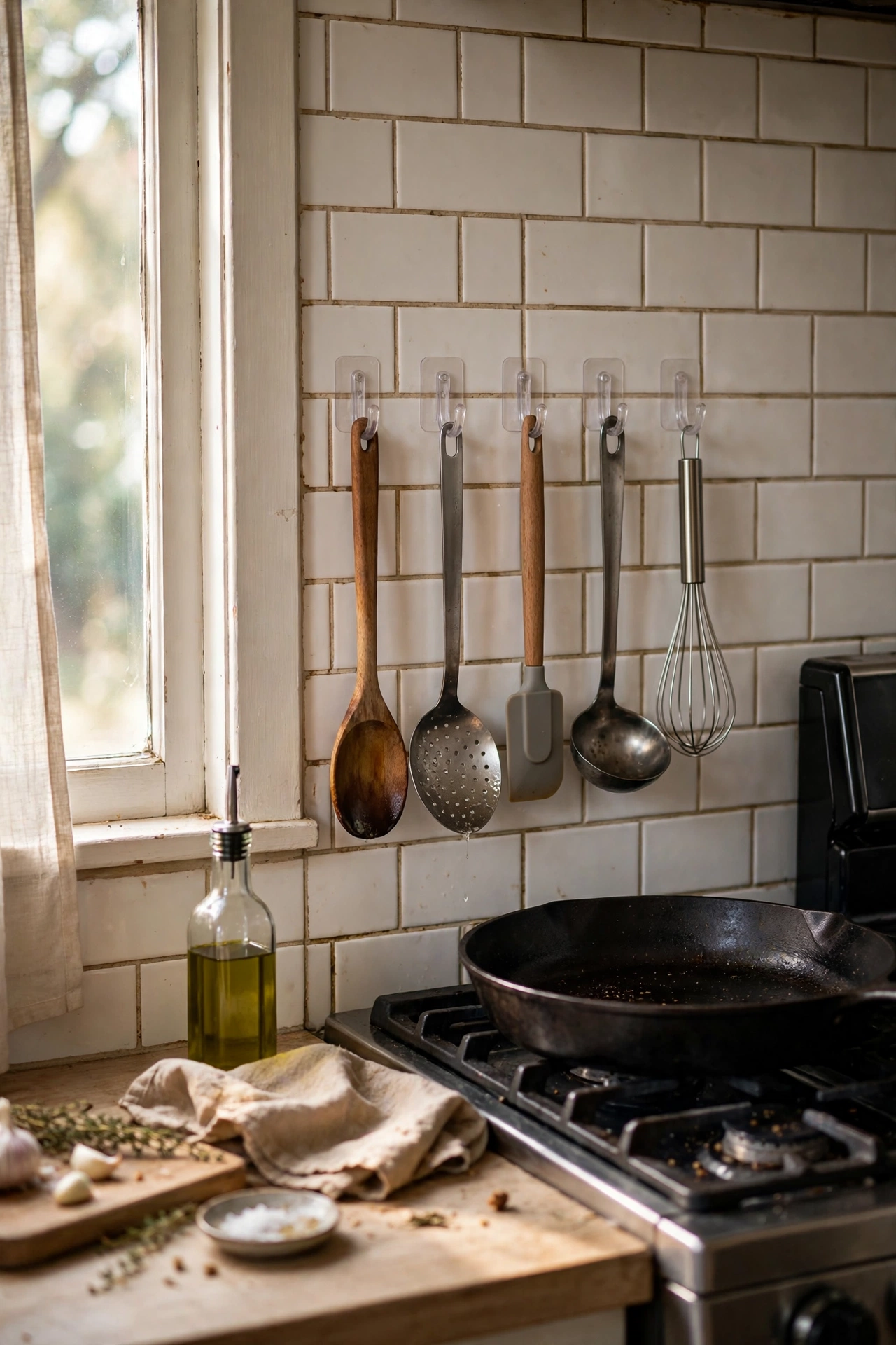 Adhesive hooks holding utensils on a kitchen backsplash