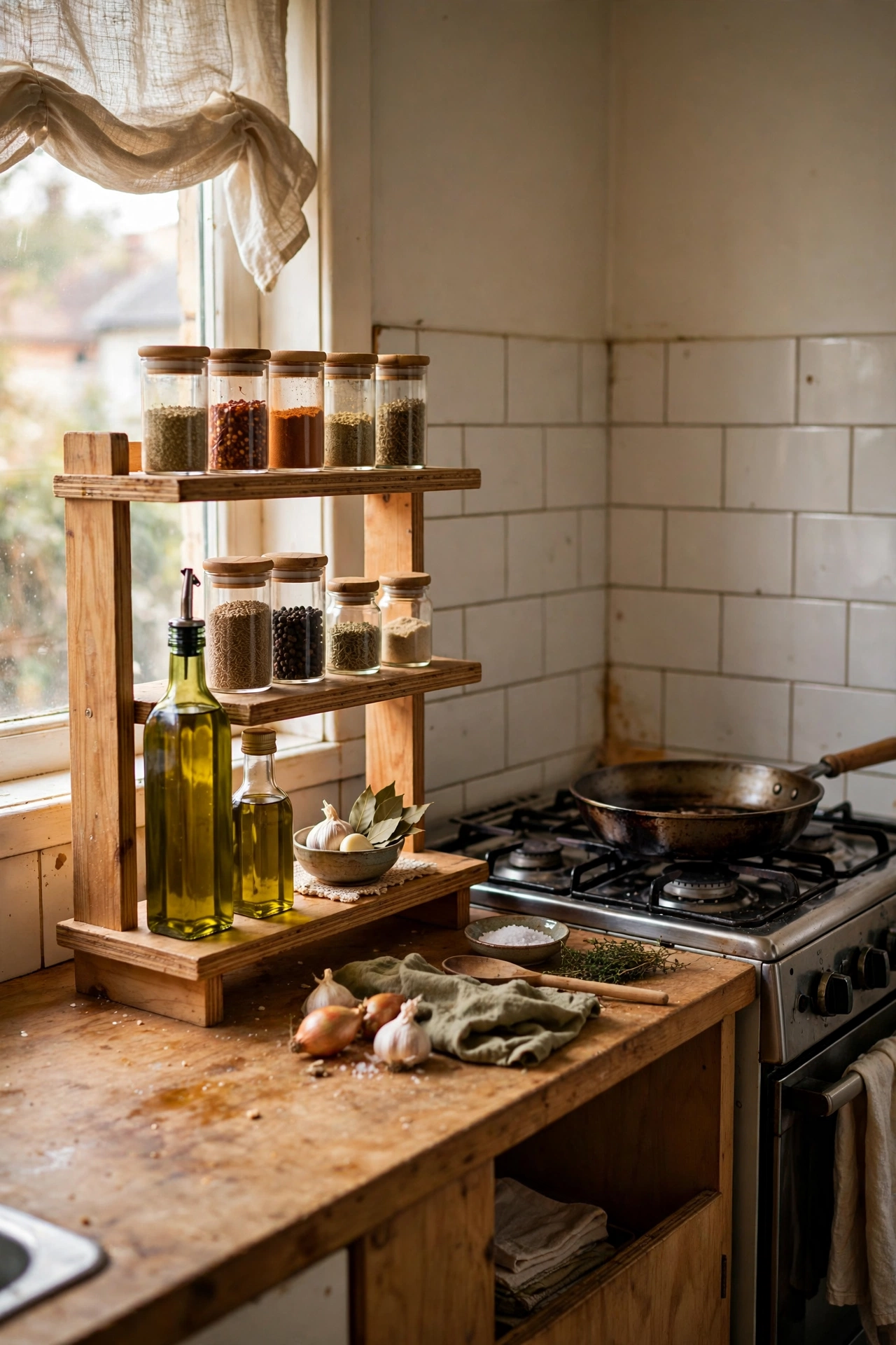 Tiered countertop shelf with spices and oils by the stove