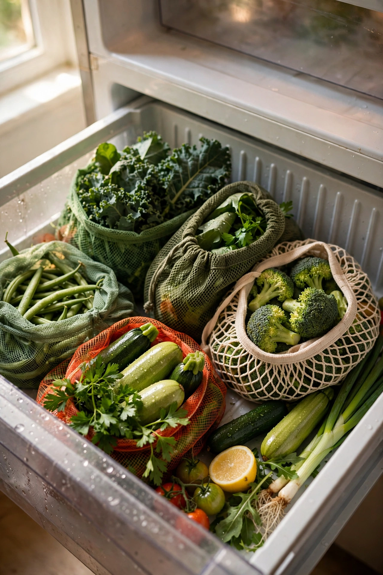 Reusable produce bags with fresh vegetables in a fridge