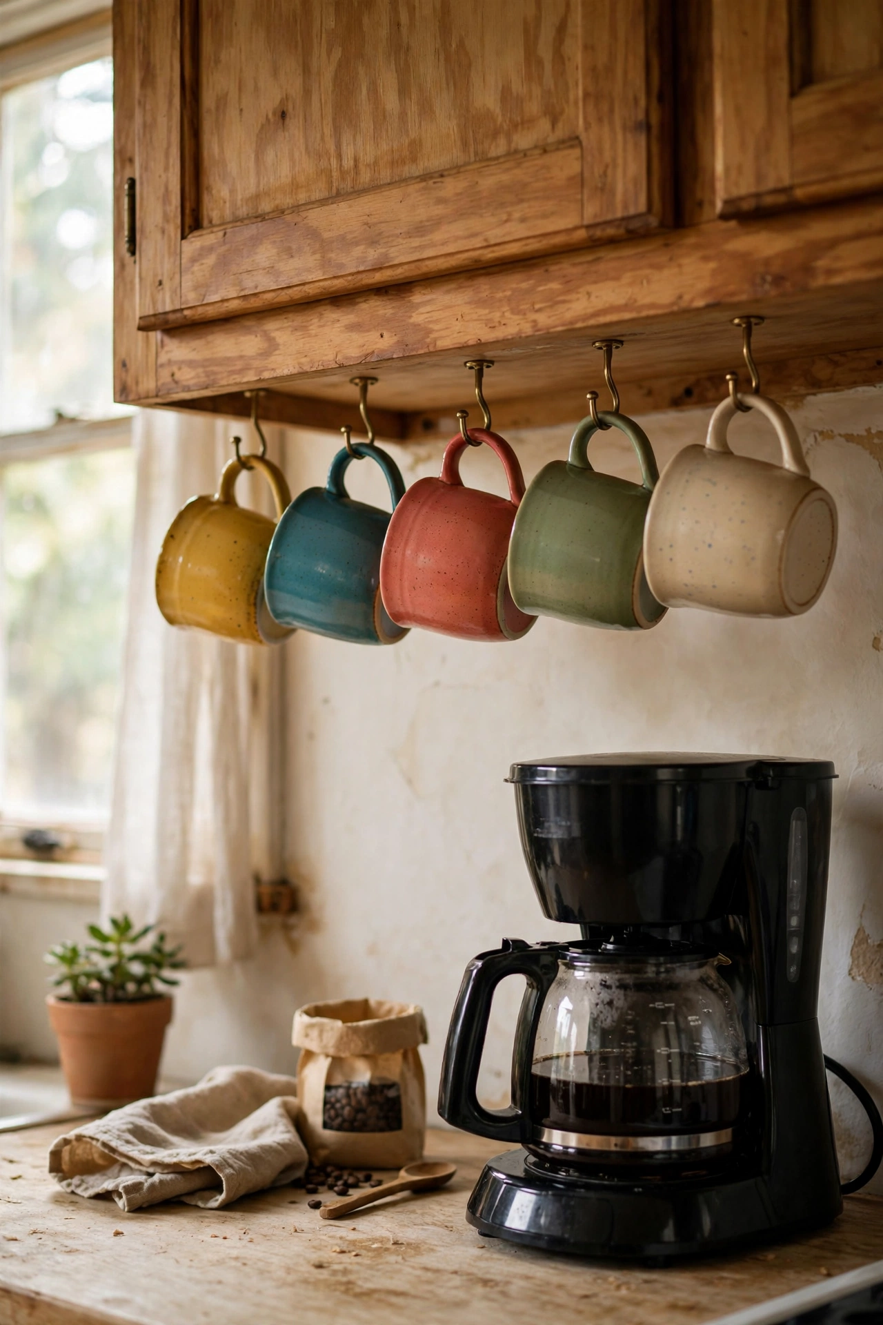Mugs hanging on hooks under a kitchen cabinet