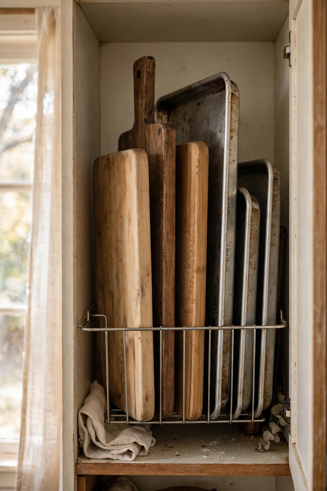Cutting boards filed vertically in a cabinet rack