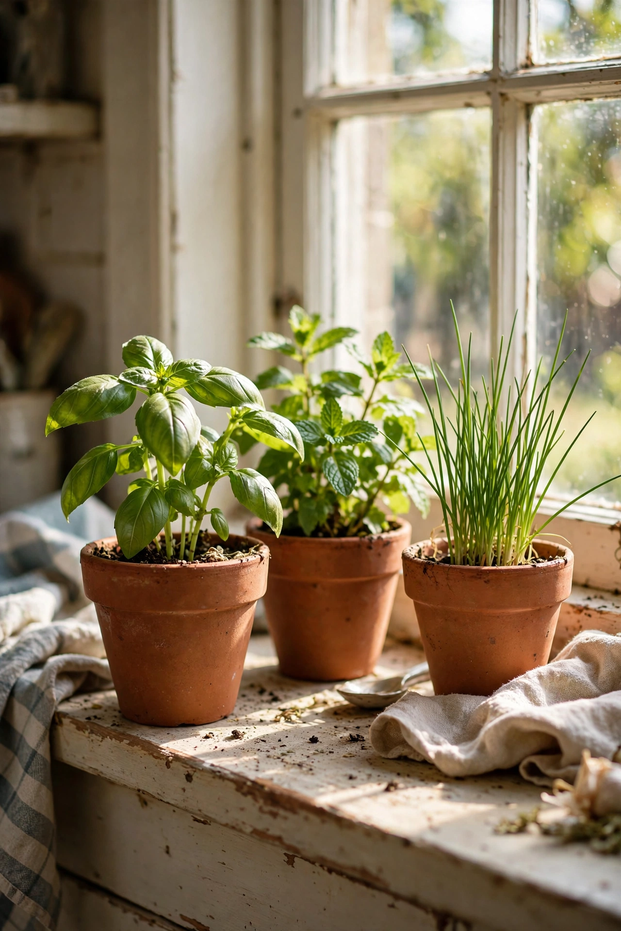 Small pots of fresh basil mint and chives on a kitchen windowsill