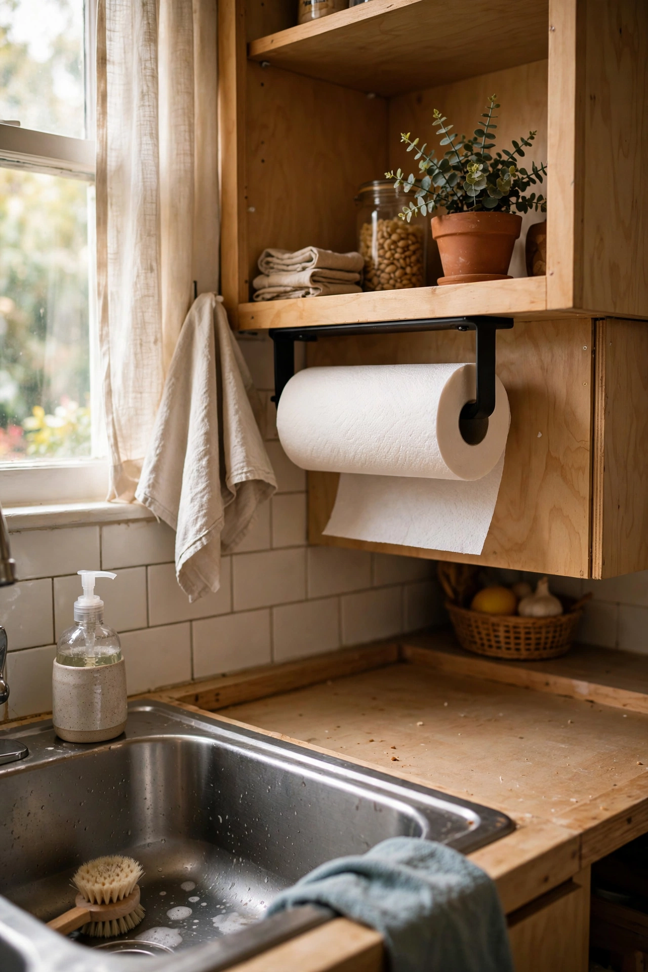 Paper towel holder mounted under a kitchen cabinet