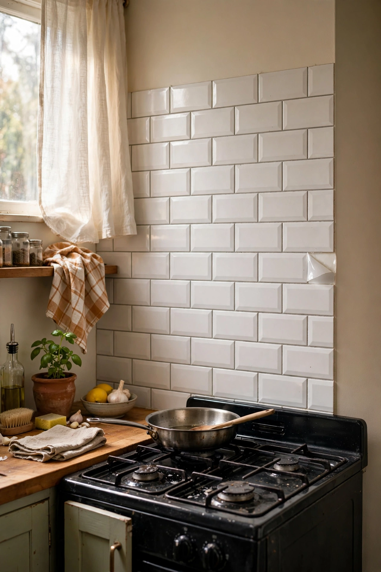 Peel-and-stick backsplash tiles behind a kitchen stove