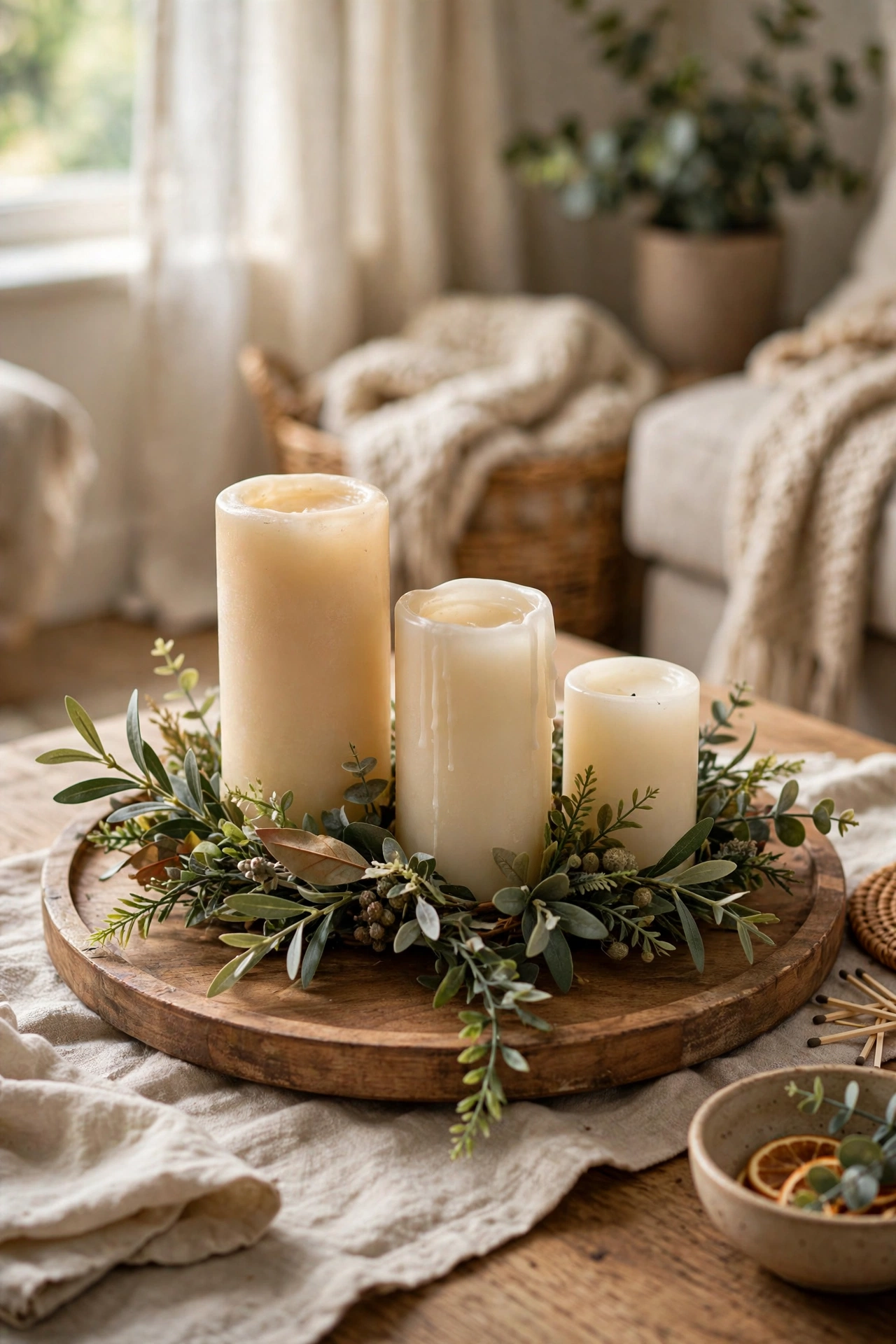 Round wooden tray with three pillar candles and greenery on a coffee table