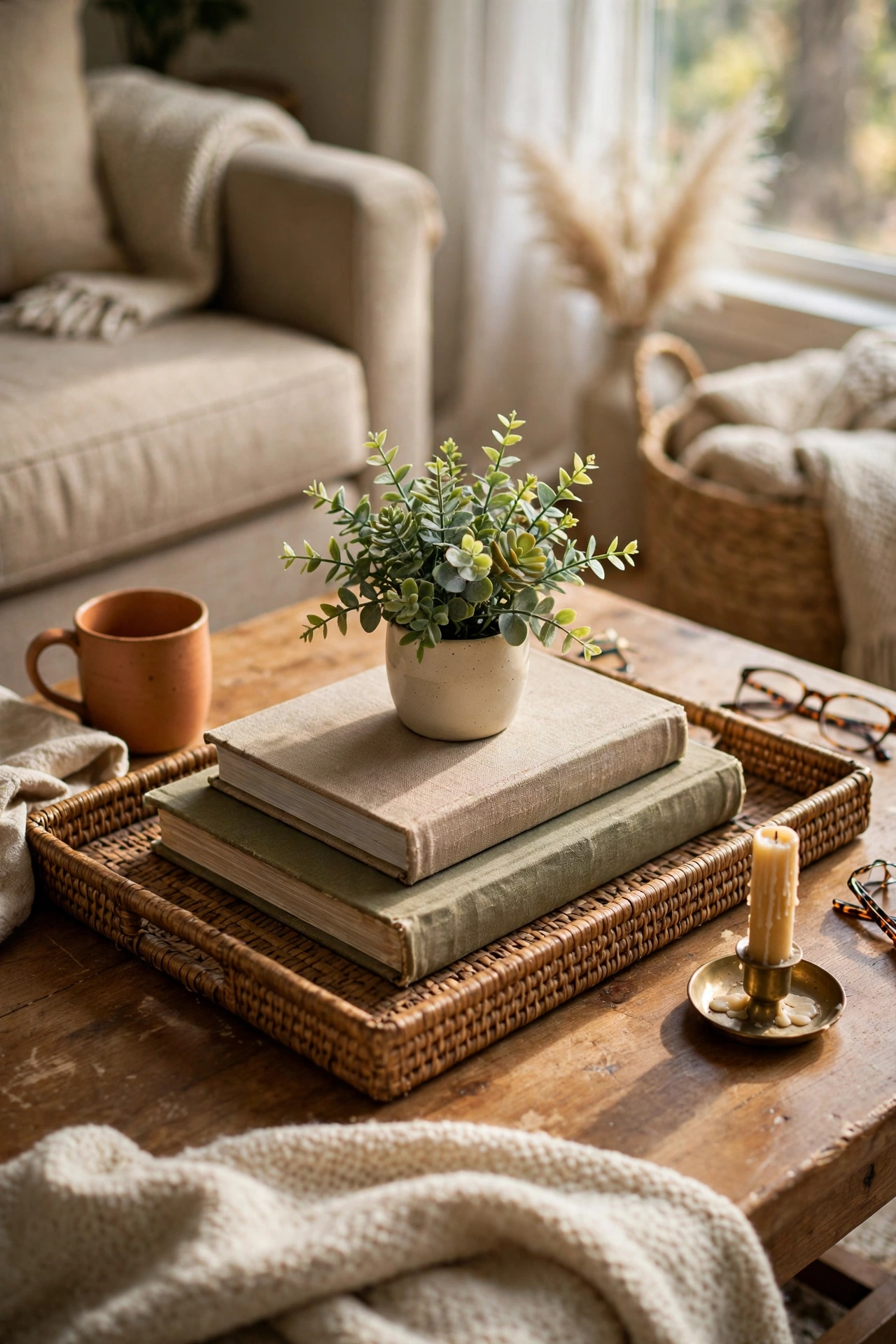 Rectangular tray with stacked books and a small faux plant