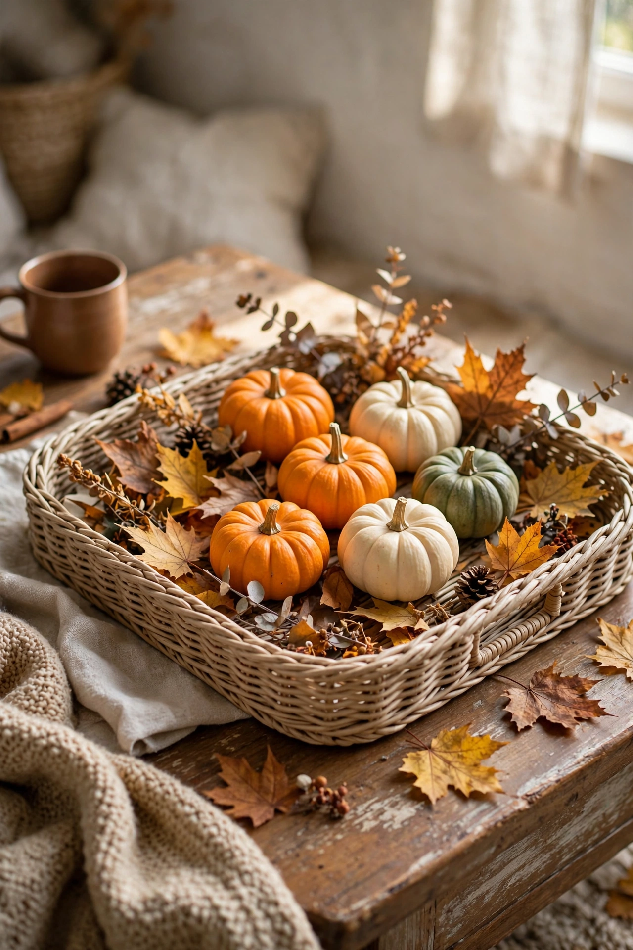 Neutral tray with mini pumpkins as a fall display