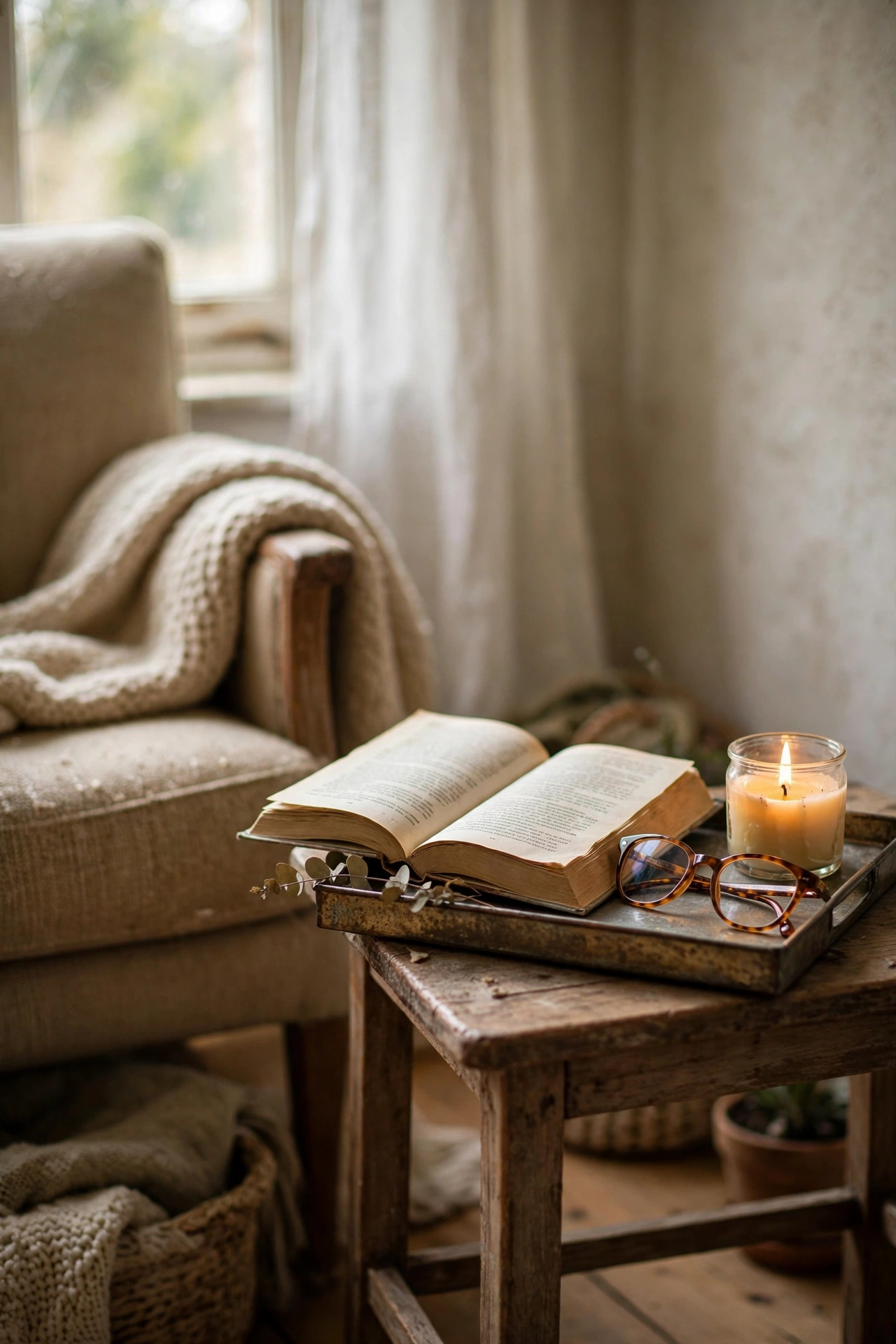 Tray with a book, reading glasses and a candle by a reading chair