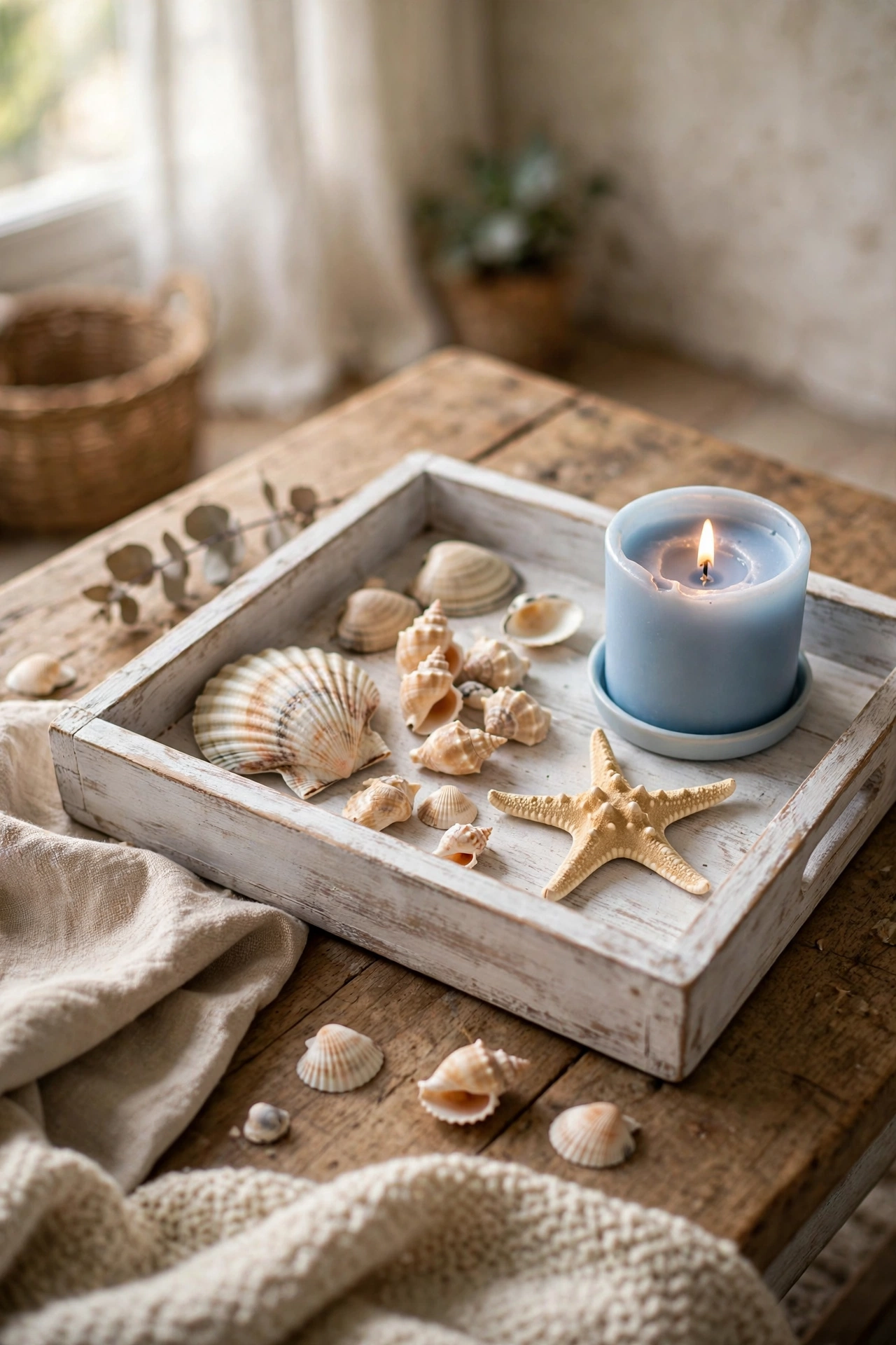 Whitewashed tray with shells, starfish and a candle