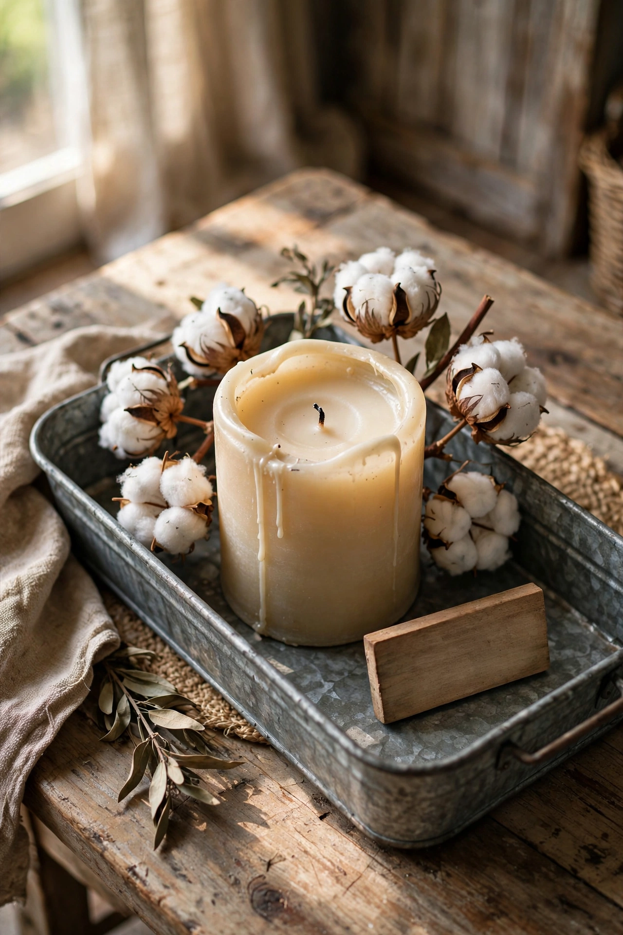 Galvanised tray with candle, cotton stems and a wooden sign