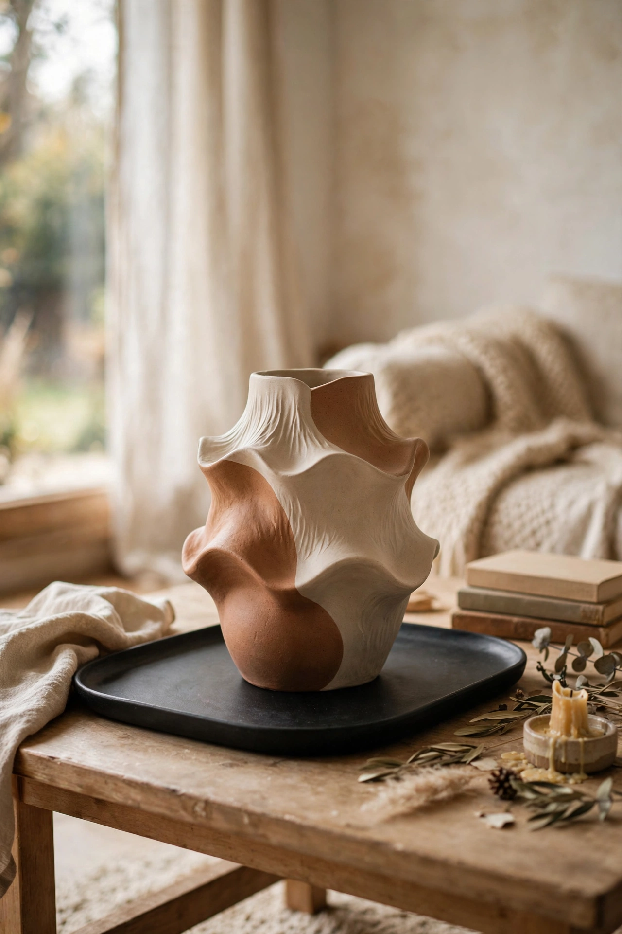 Single sculptural vase on a black tray on a coffee table