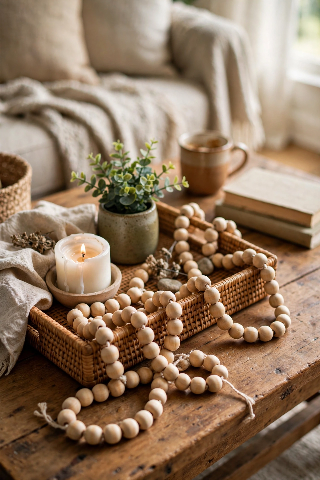 Wooden bead garland draped over a tray with candle and plant