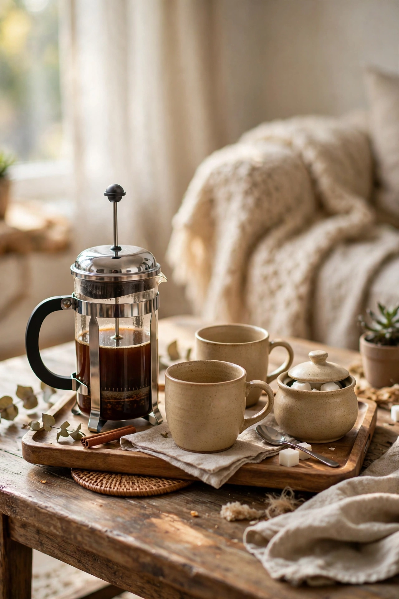 Small tray with French press, two mugs and sugar bowl