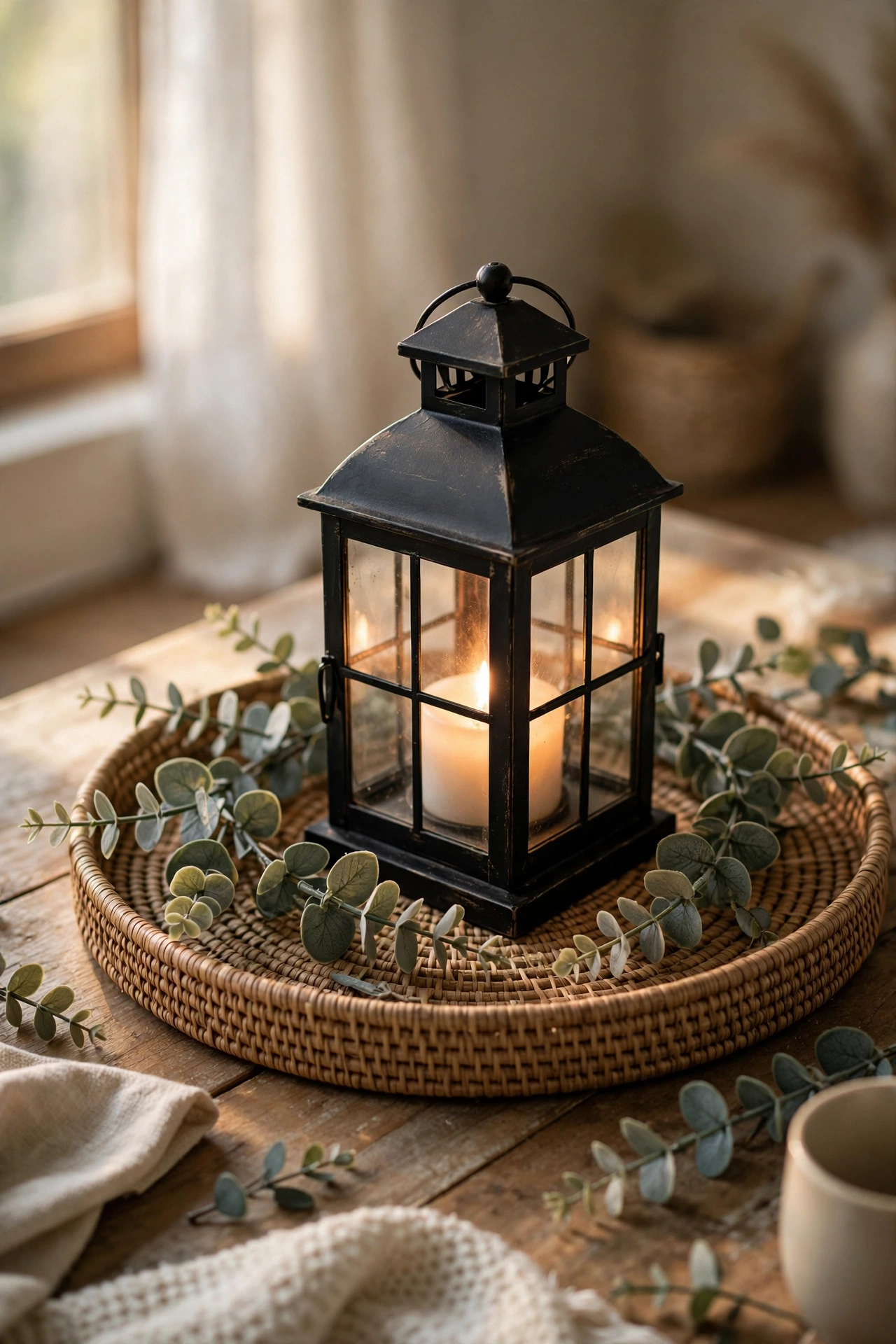 Lantern on a tray surrounded by faux eucalyptus