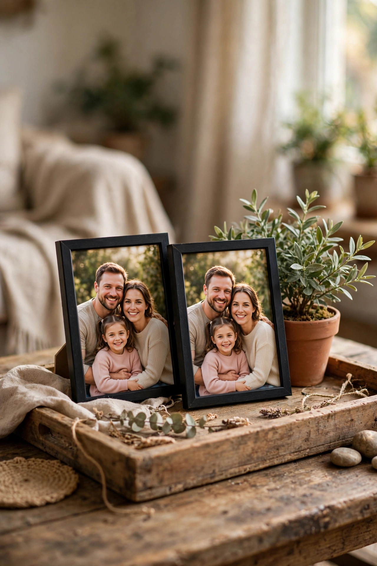 Tray with two matching framed family photos
