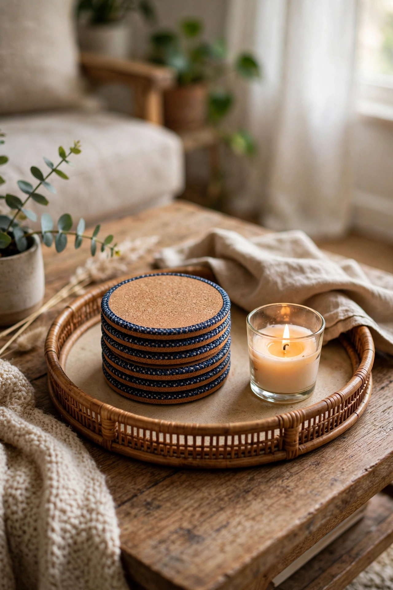 Tray with stacked coasters and a candle on a coffee table