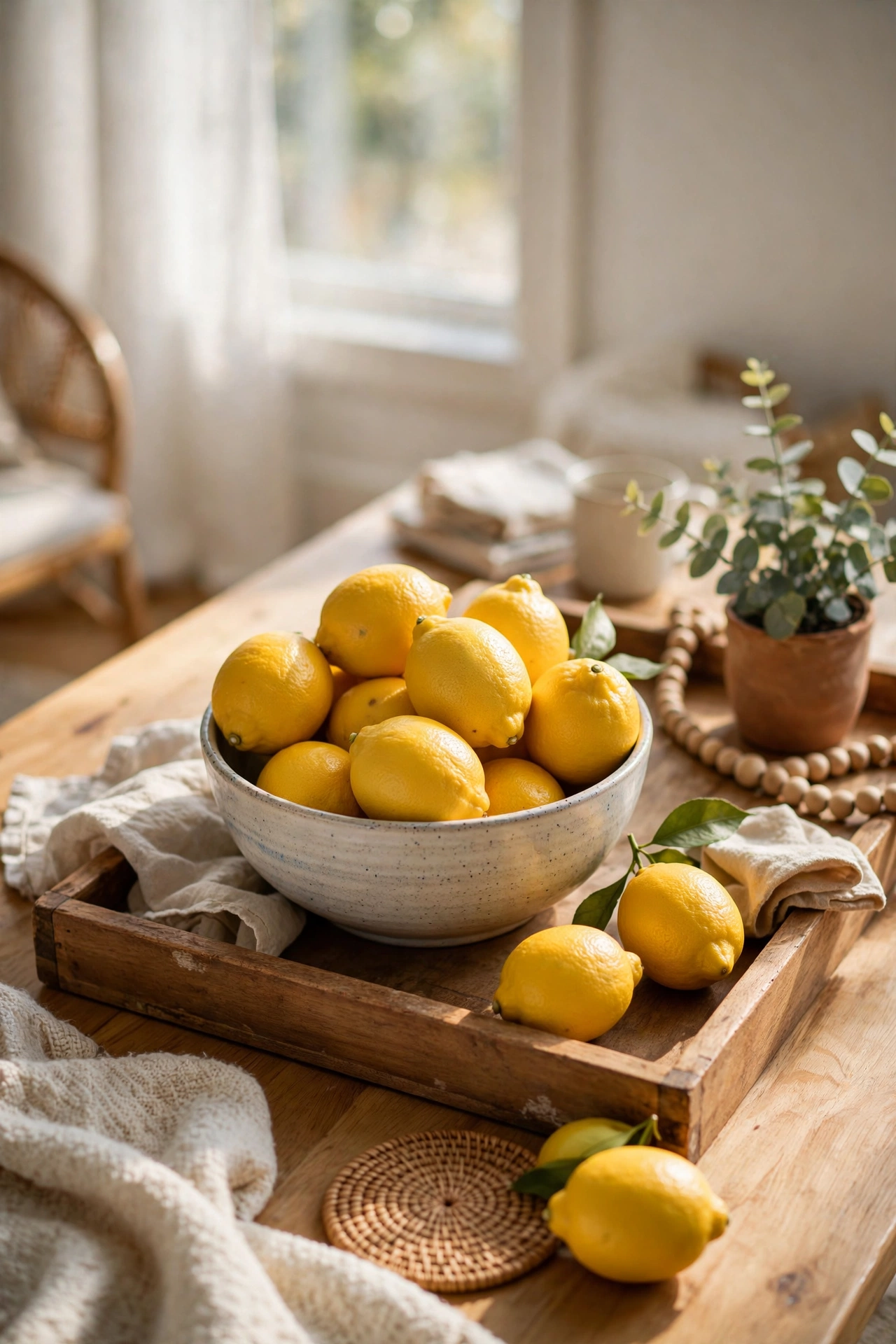 Wooden tray with a bowl of fresh lemons