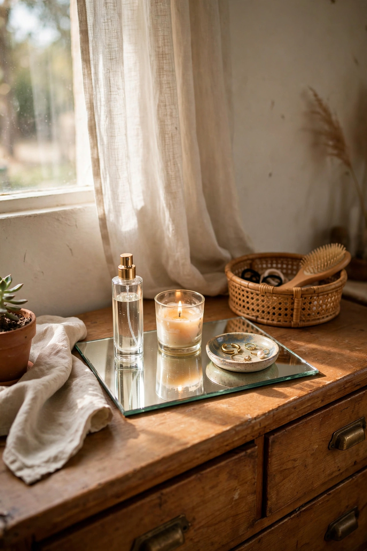 Mirrored tray with perfume bottle, candle and small dish