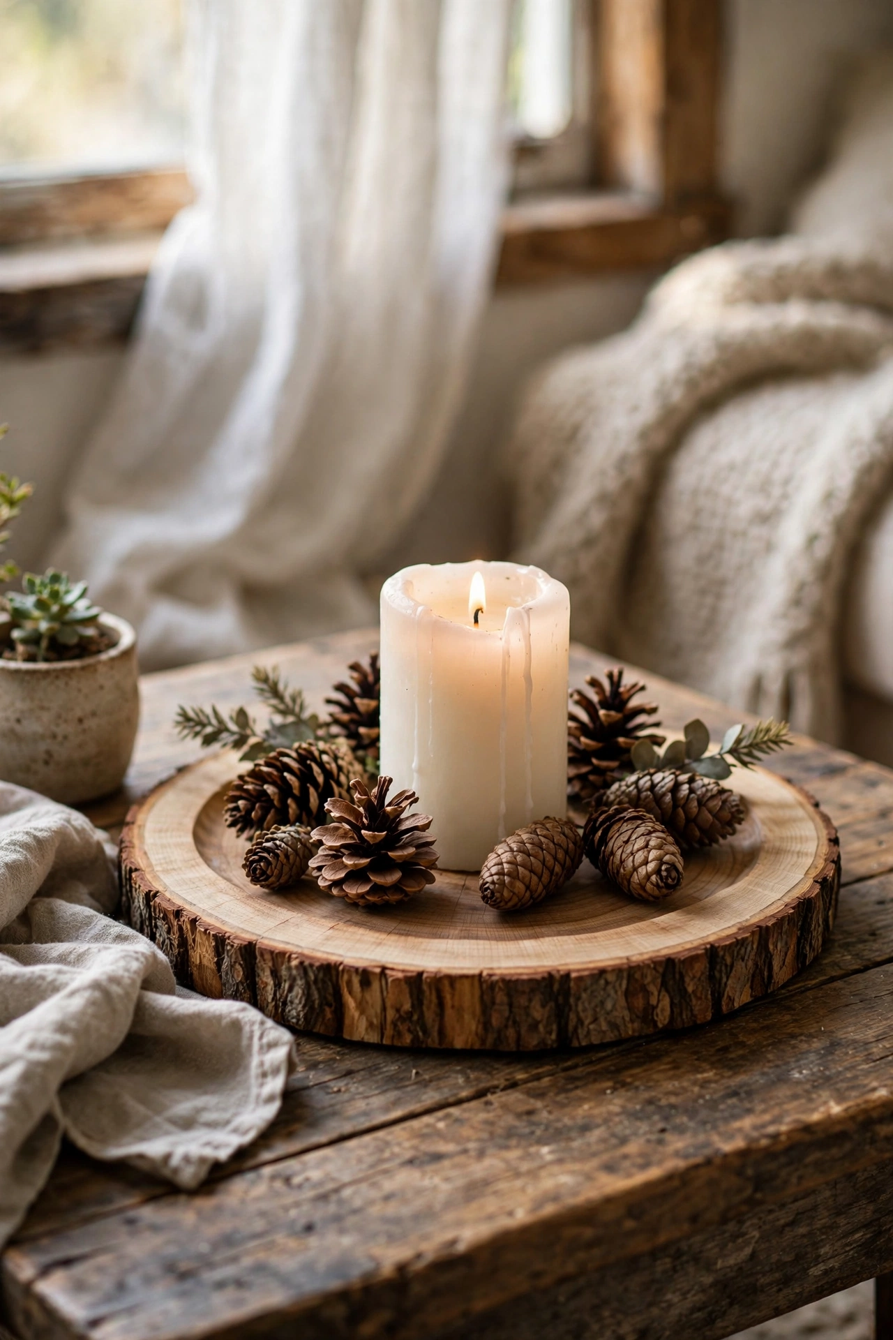 Wood slice tray with candle and pinecones