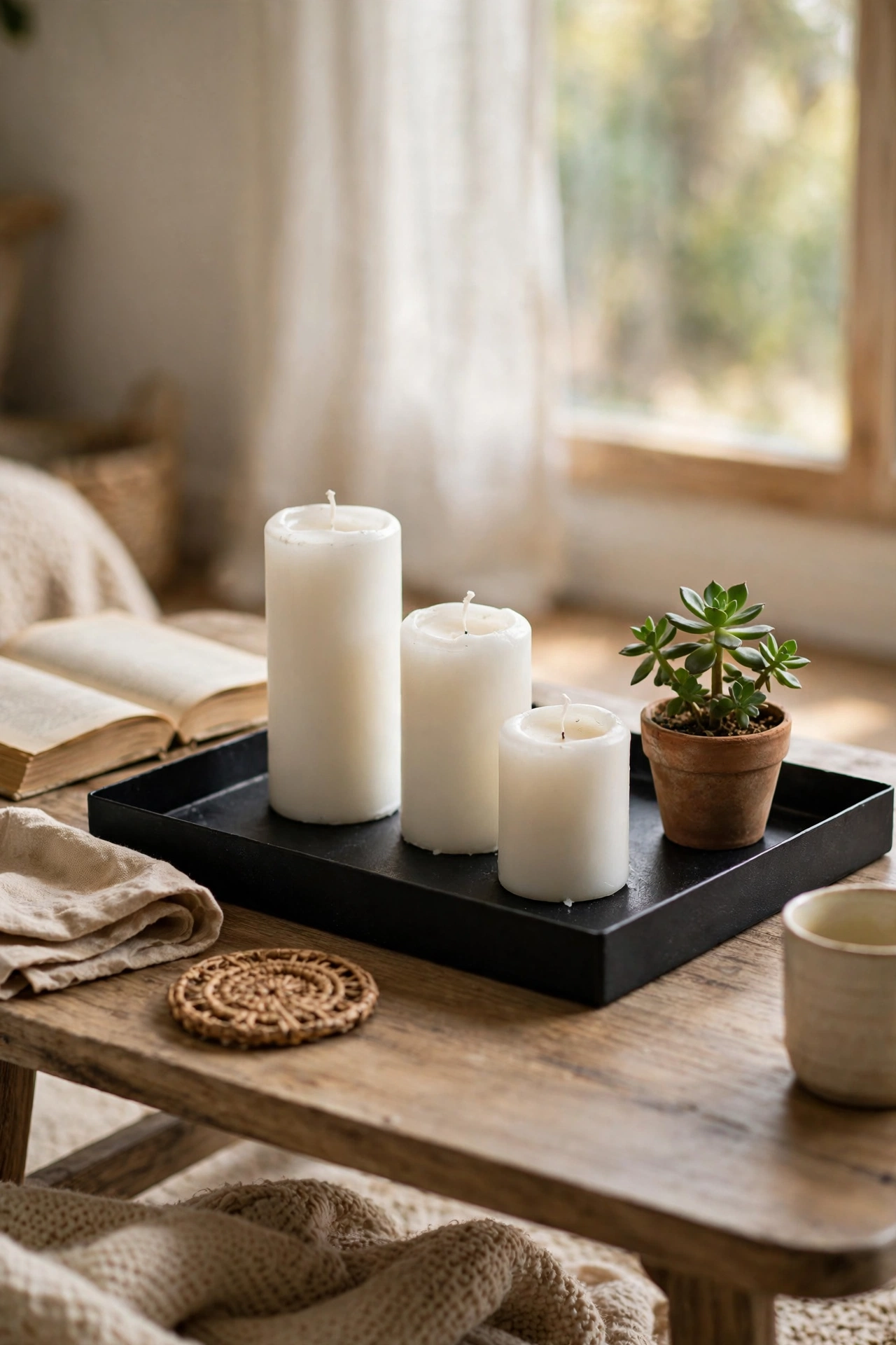 Matte black tray with white candles and a green plant