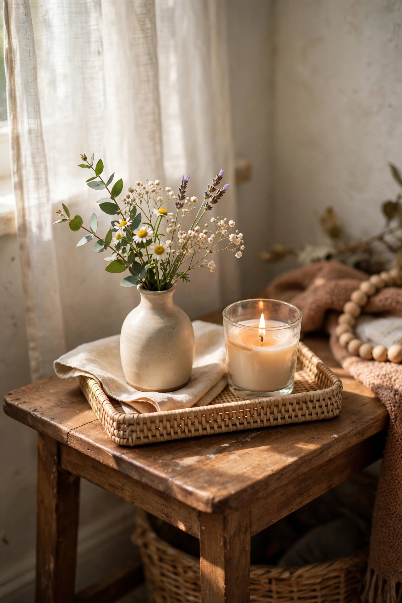 Small tray with bud vase of fresh stems beside a candle