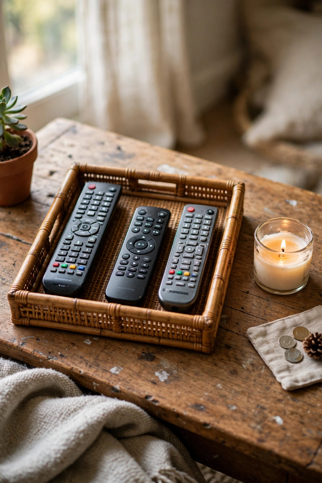 Tray corralling TV remotes with a small candle