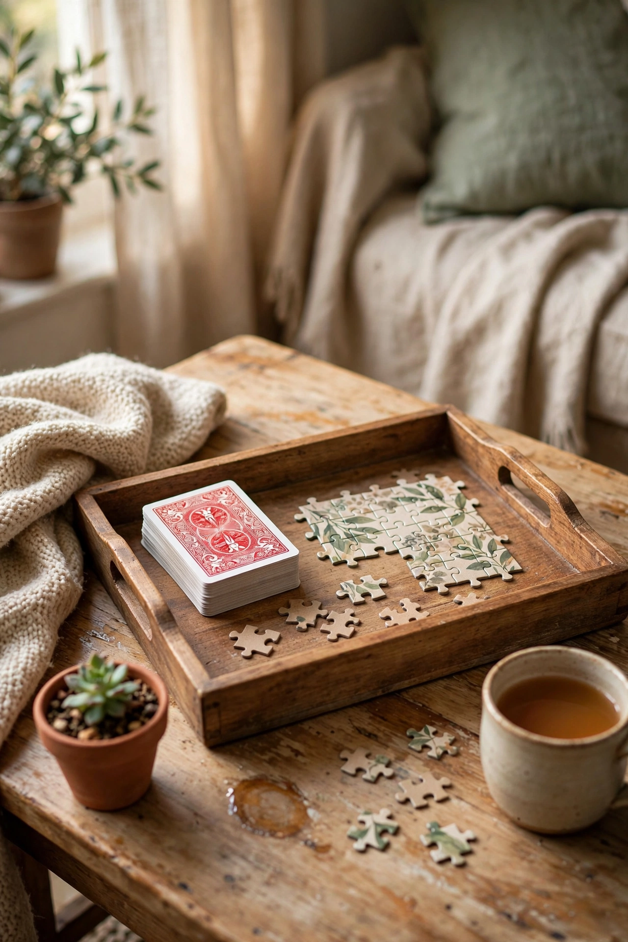 Tray with a card game on a family coffee table