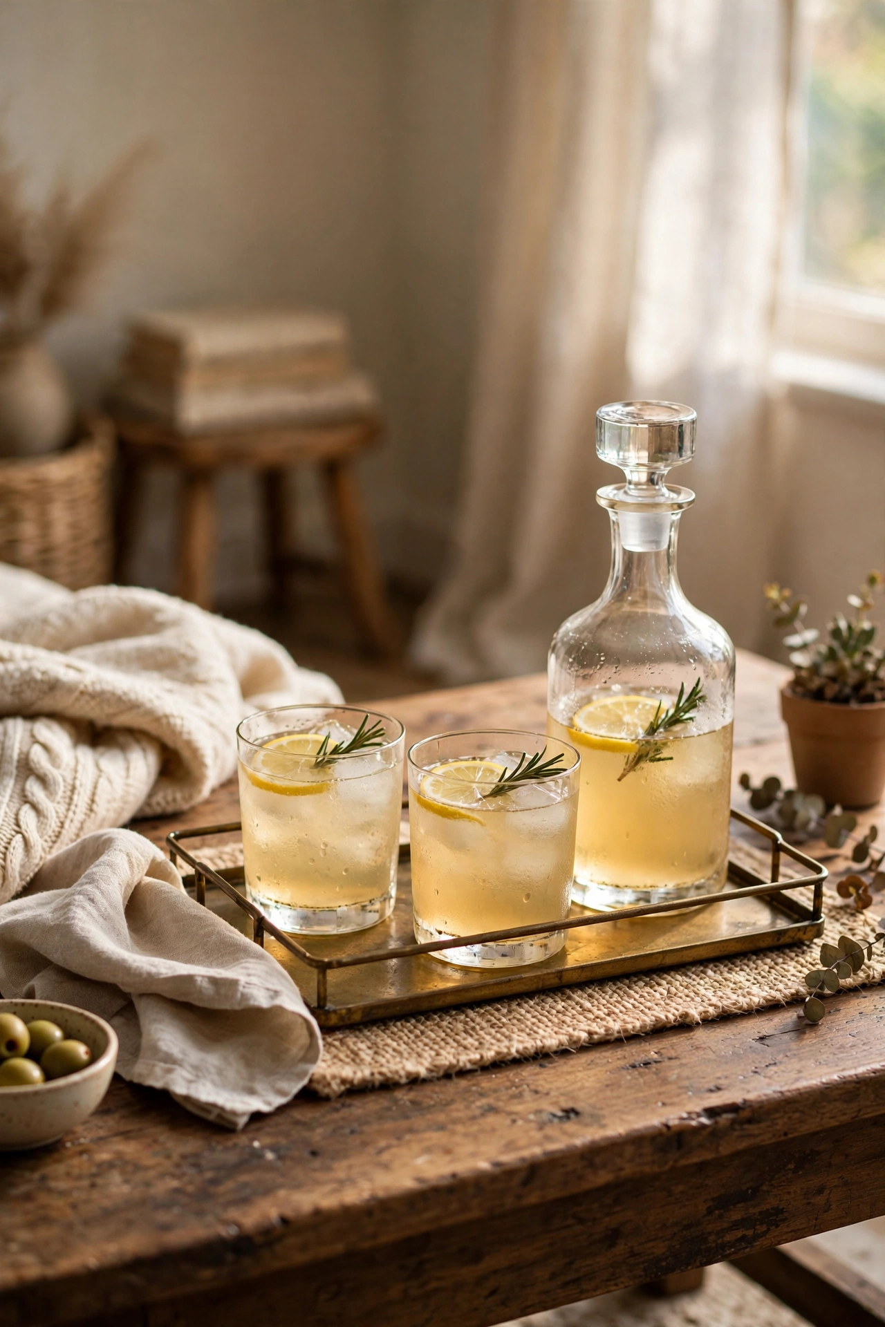 Small tray with two glasses and a decanter for cocktails