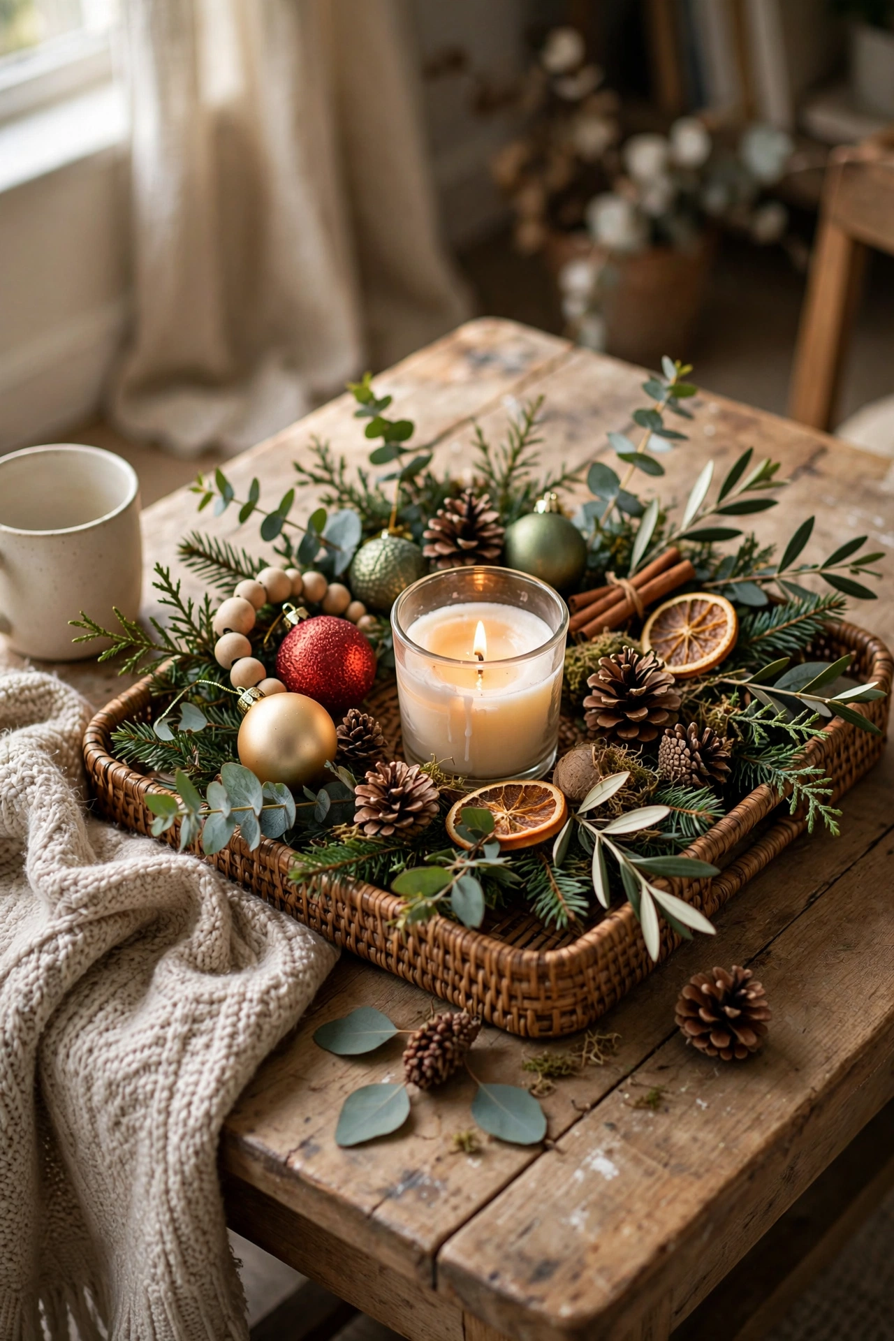 Tray with ornaments, greenery and candle as a holiday centerpiece