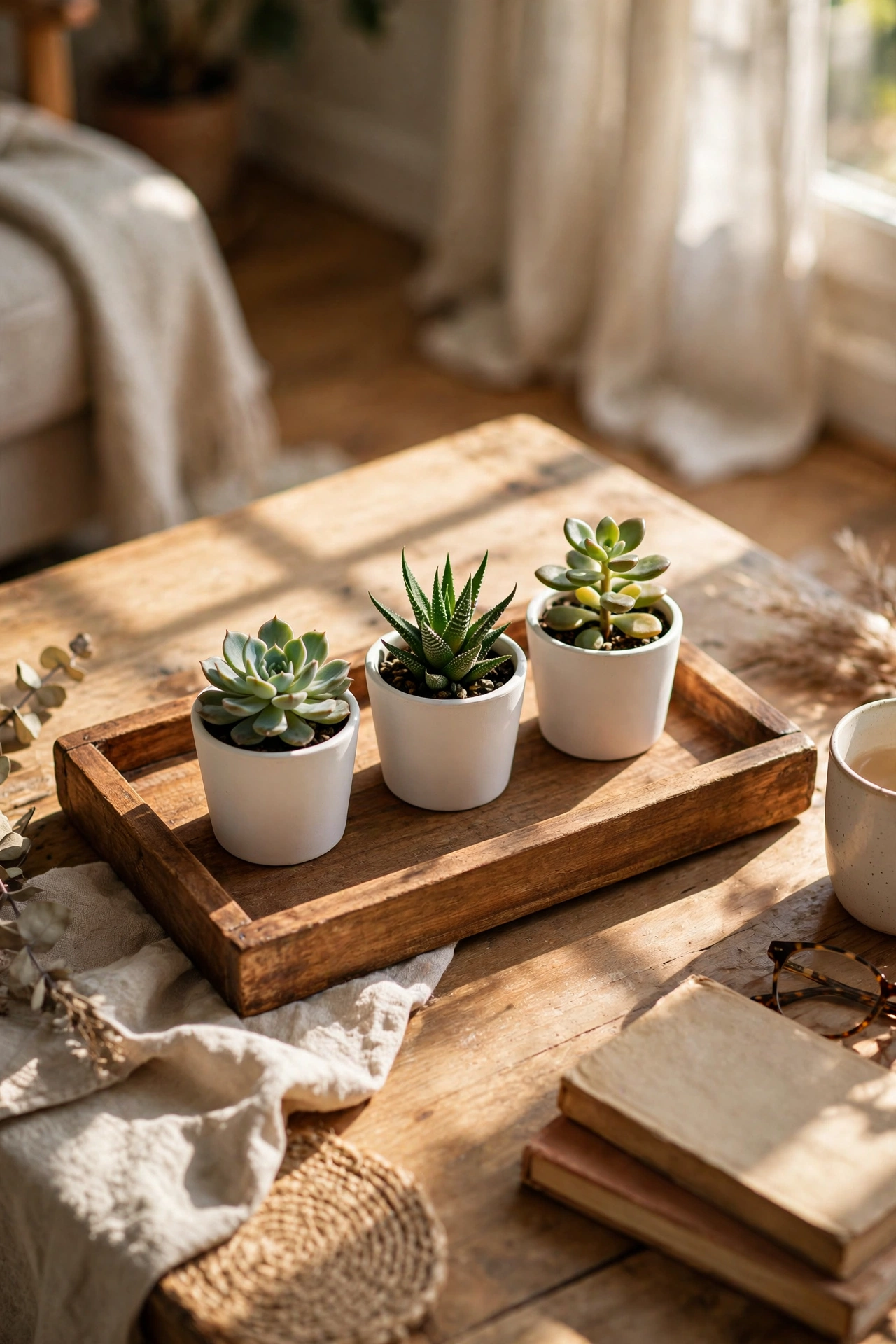 Tray with three small succulents in matching pots