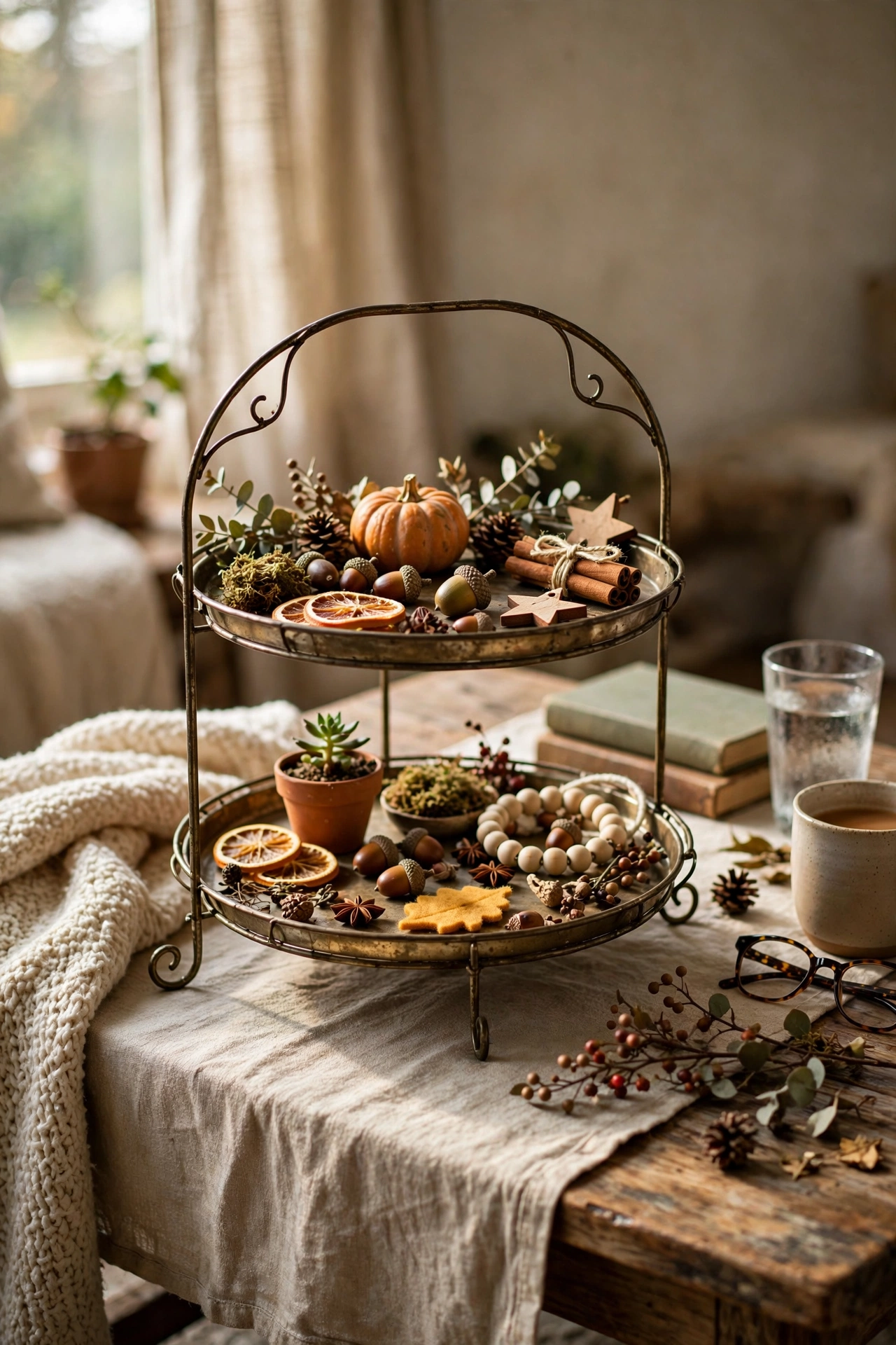 Two-tiered tray with seasonal mini displays