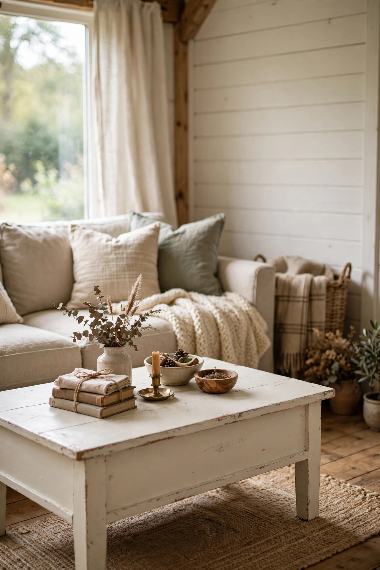 Coffee table painted with creamy white chalk paint and distressed edges in a farmhouse living room