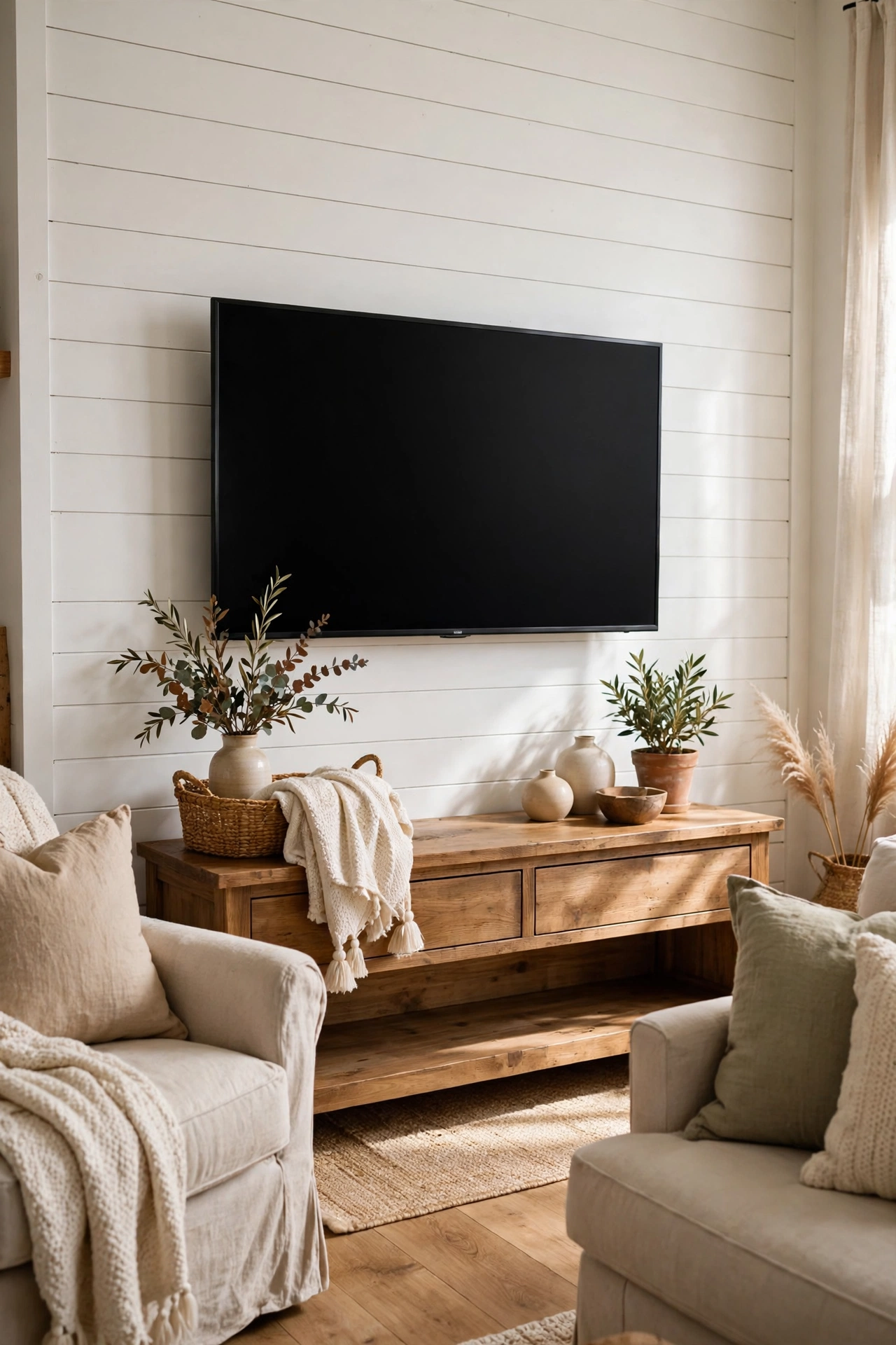 Peel-and-stick shiplap accent wall behind a TV in a budget farmhouse living room