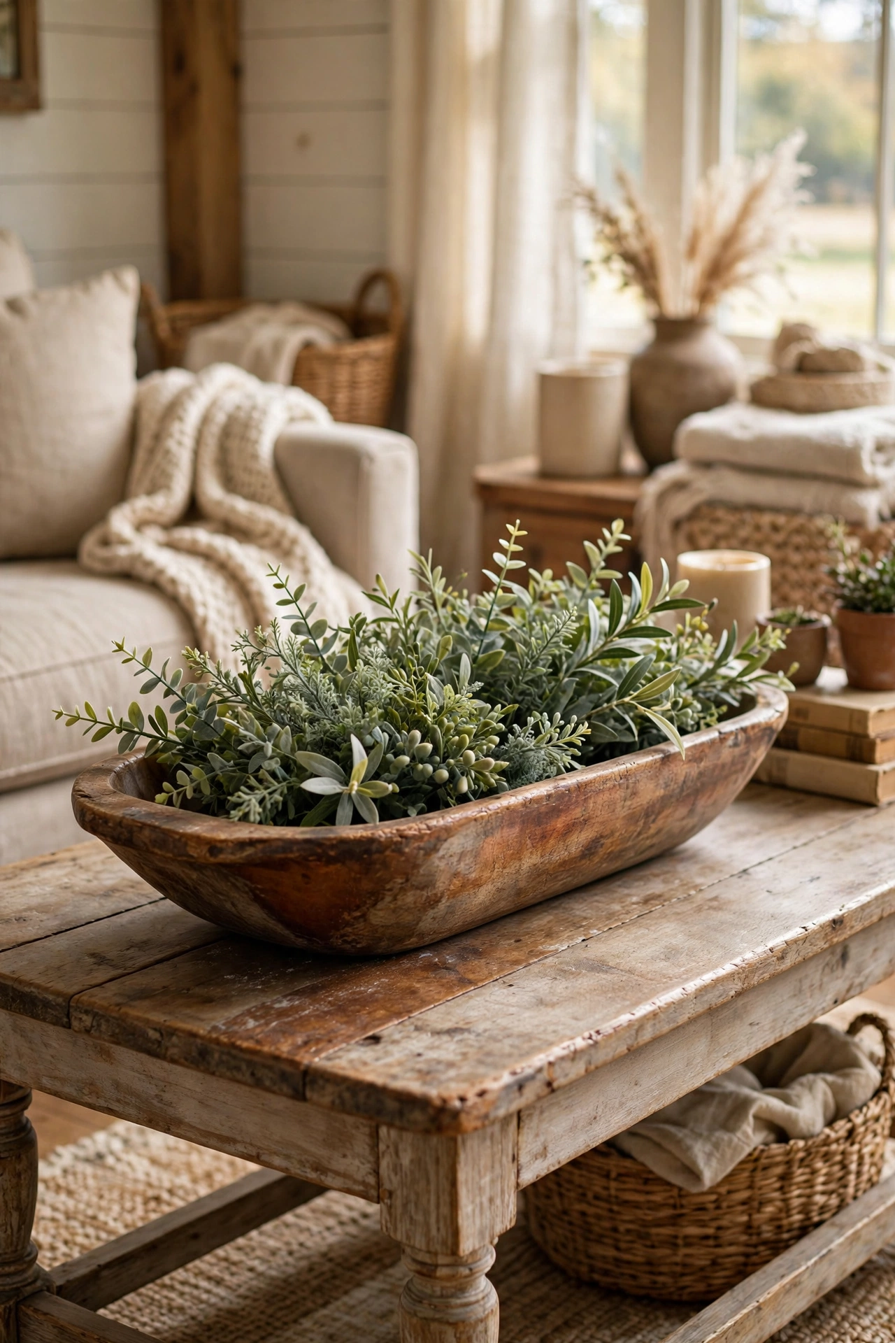 Thrifted wooden dough bowl styled with greenery on a farmhouse coffee table