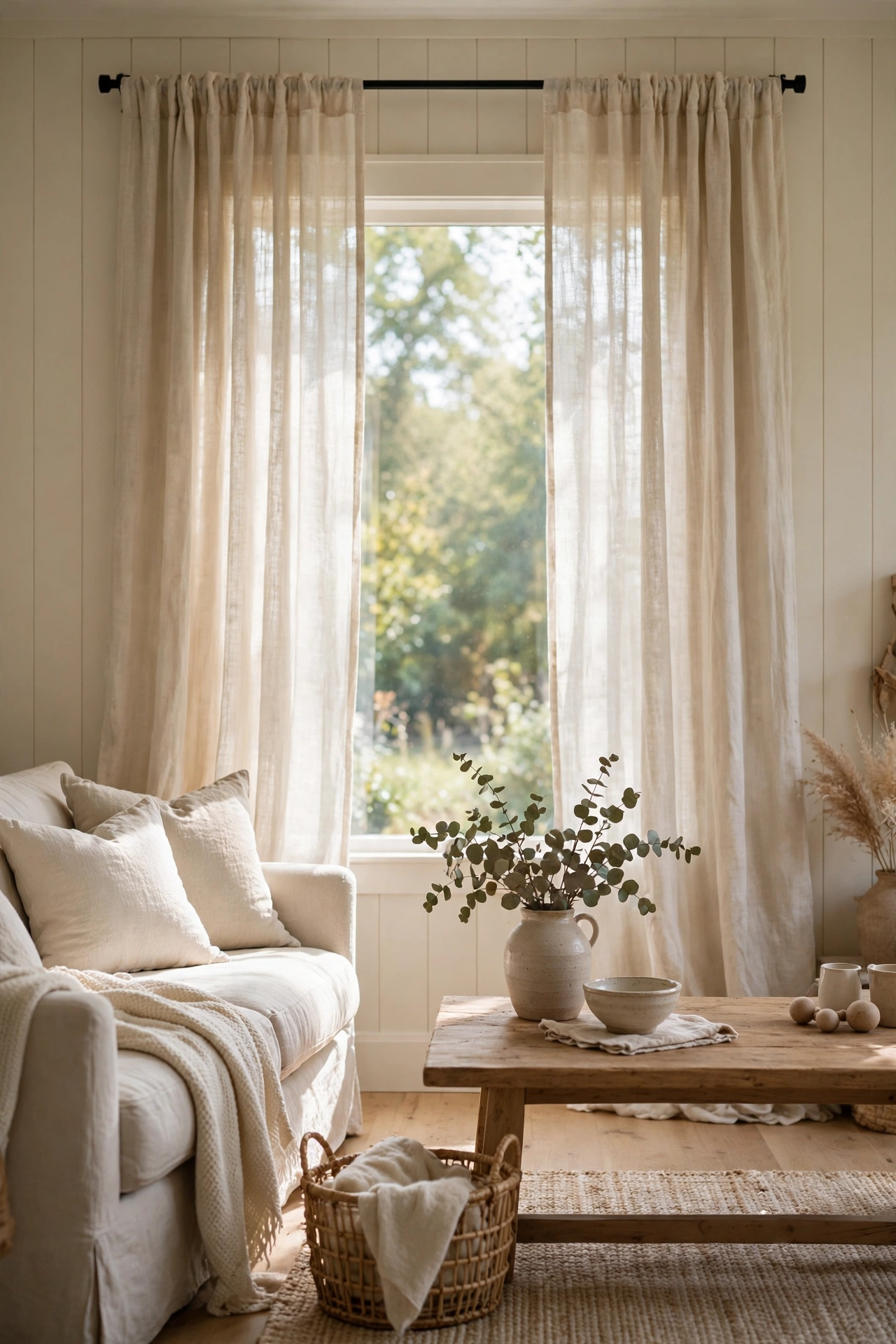 Soft linen-look curtain panels hung high in a bright farmhouse living room