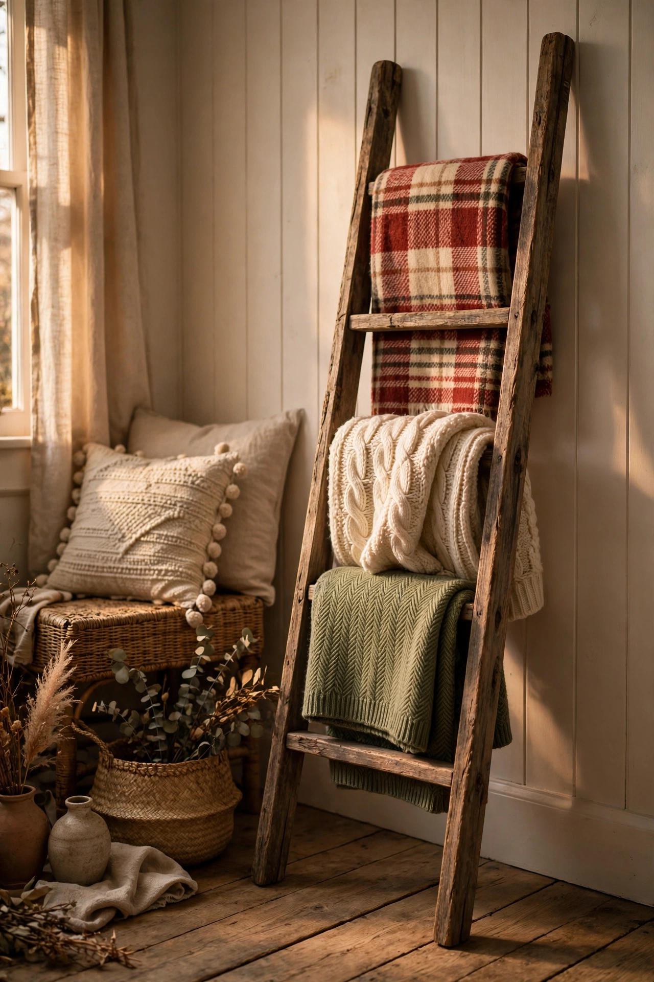 DIY wooden blanket ladder with folded throws leaning in a farmhouse living room corner