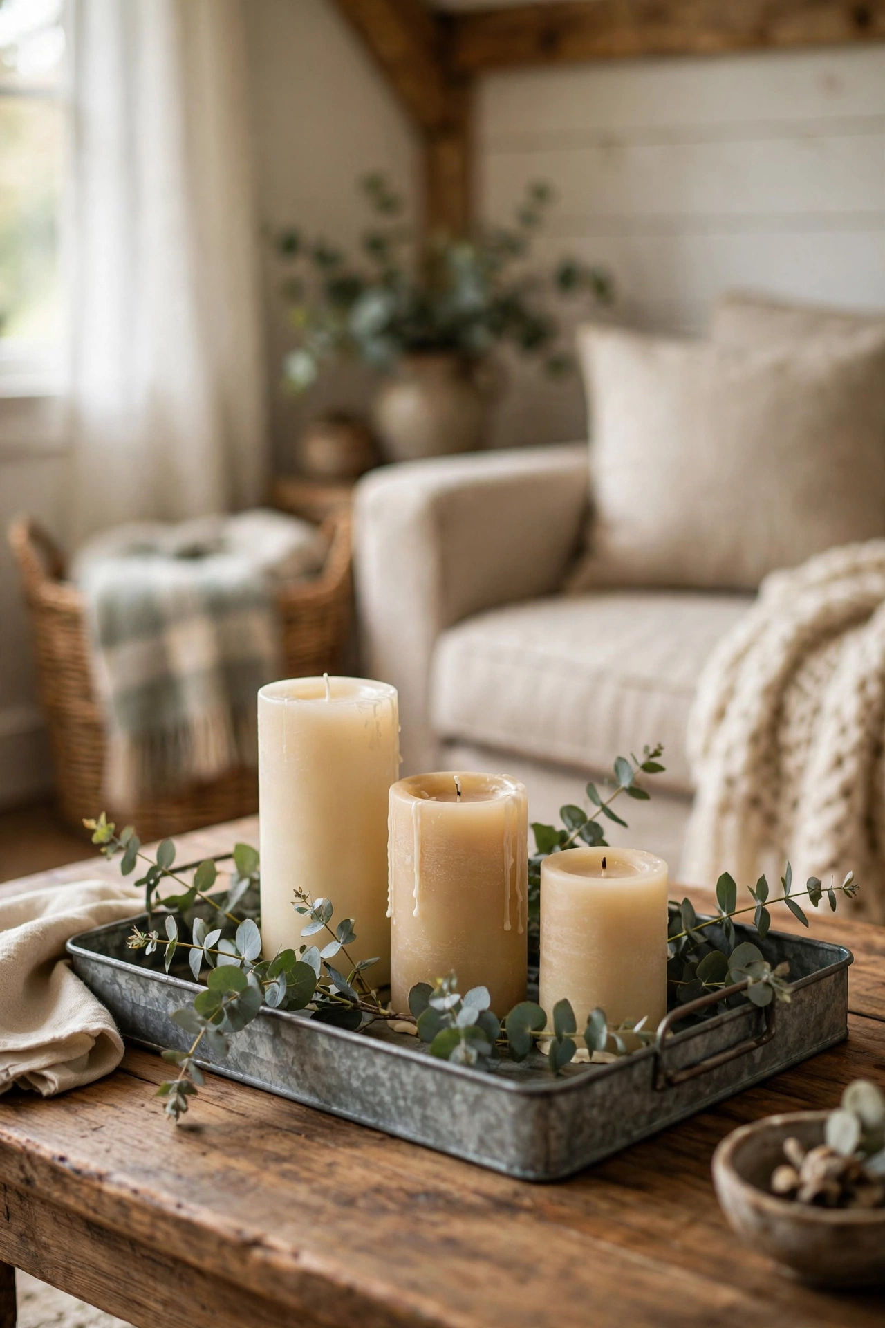 Galvanized metal tray with candles and eucalyptus as a farmhouse coffee table centerpiece