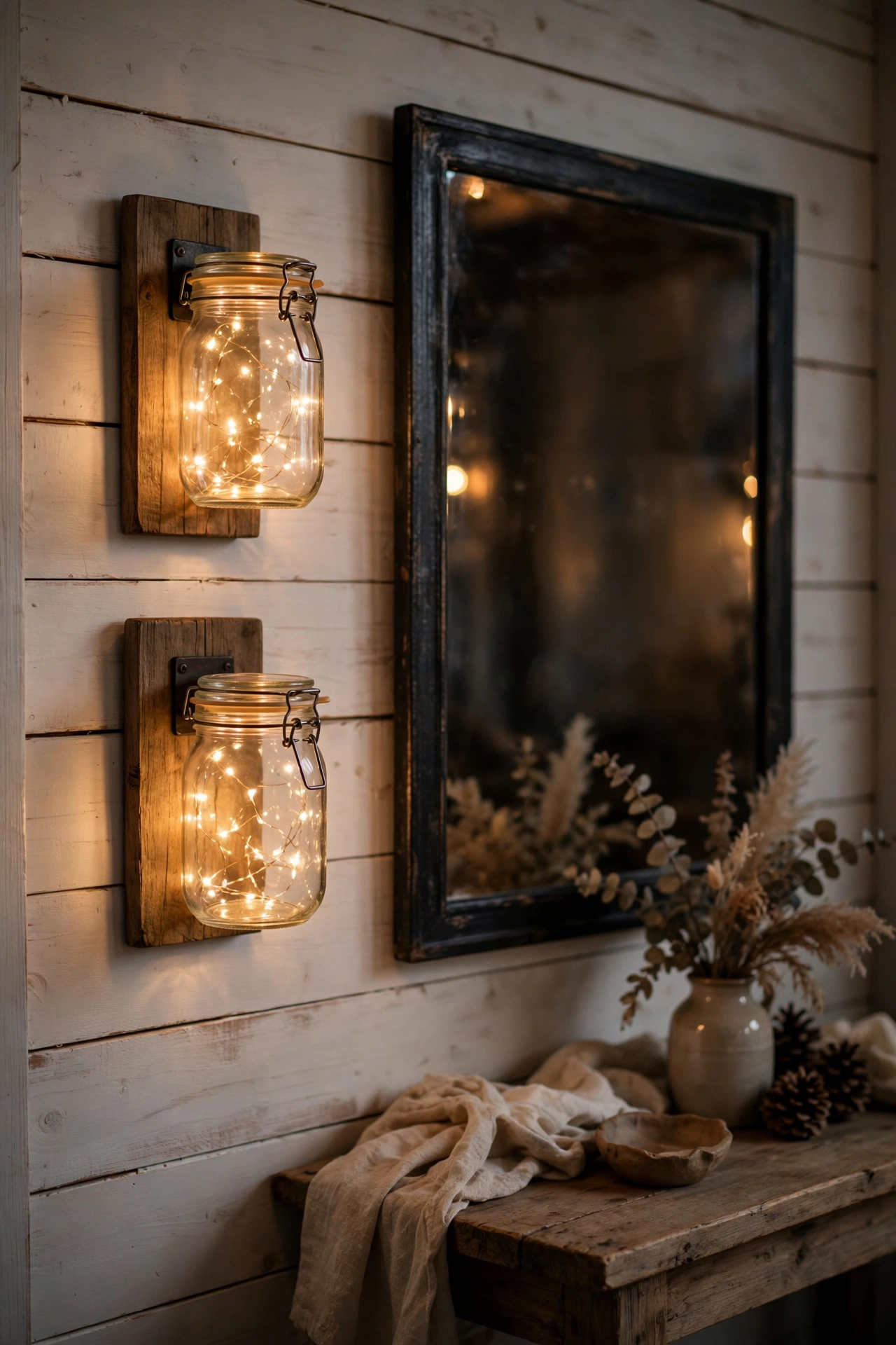 Mason jar wall sconces with fairy lights mounted on a farmhouse living room wall