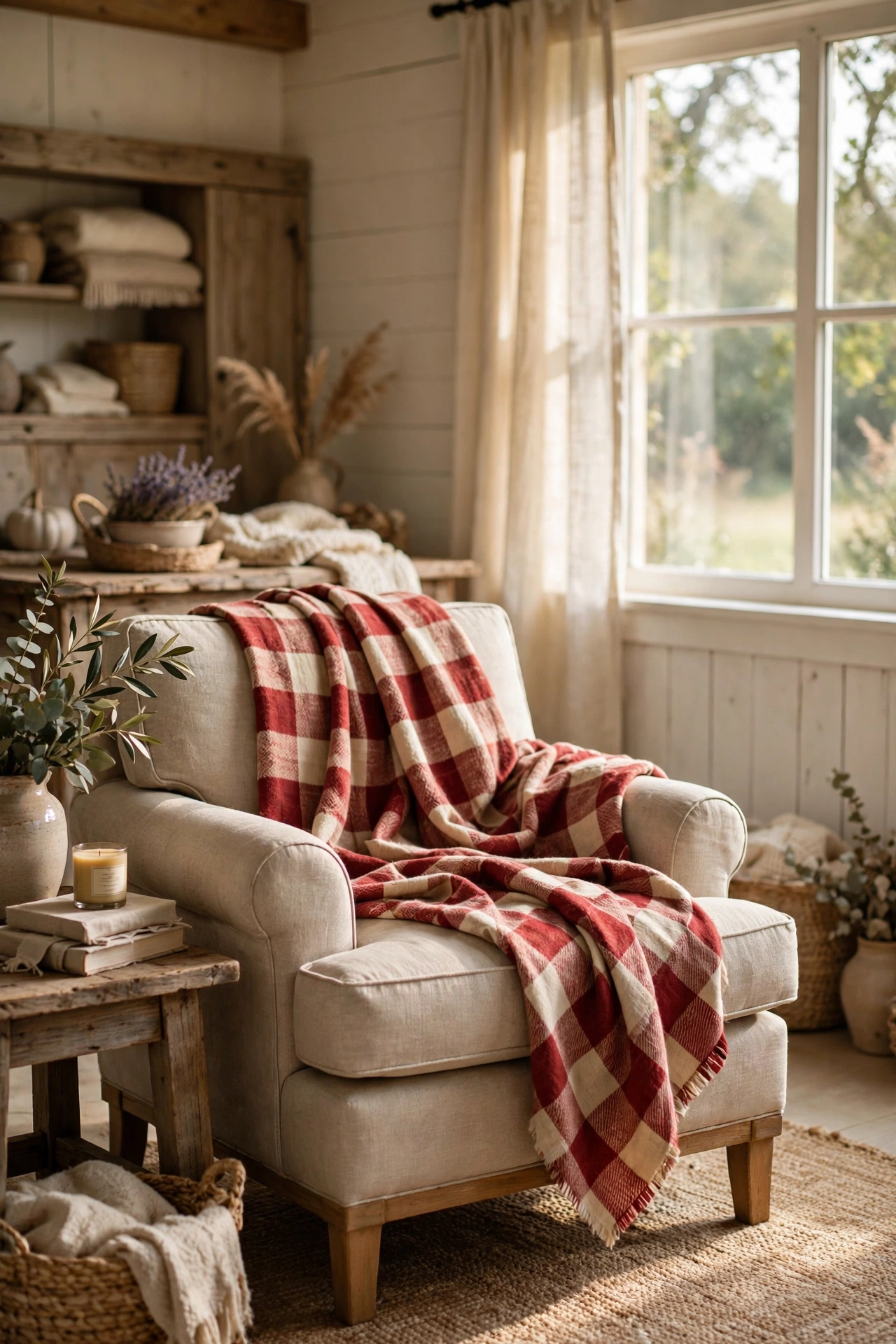 Red and cream plaid throw blanket draped over a farmhouse armchair