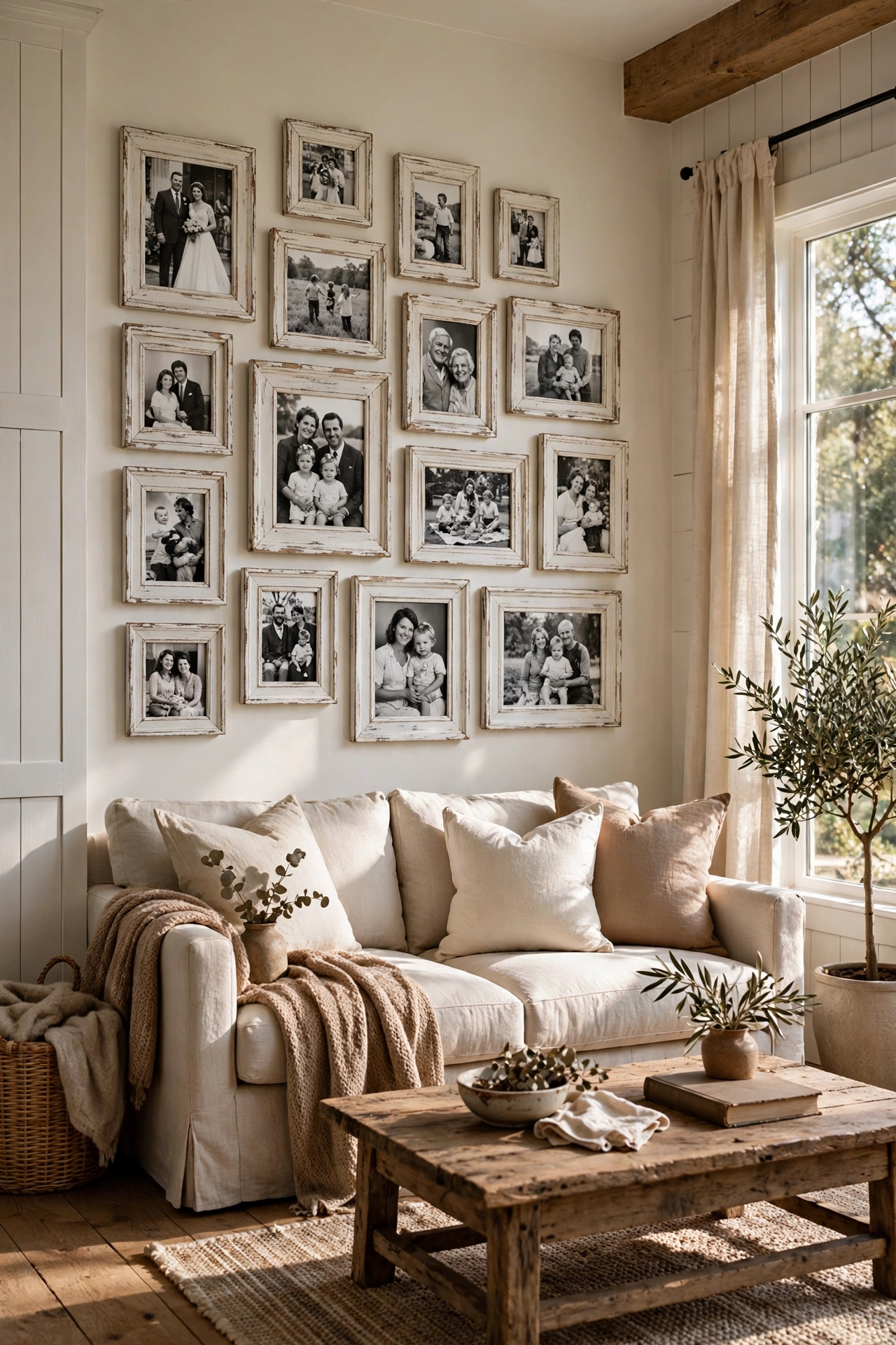 Gallery wall of distressed whitewashed wood frames with black and white photos