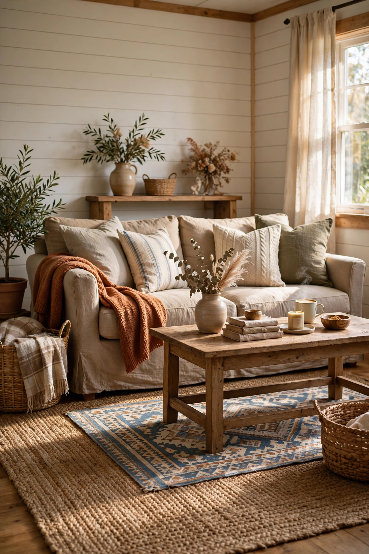 Natural jute rug grounding a cozy farmhouse living room seating area