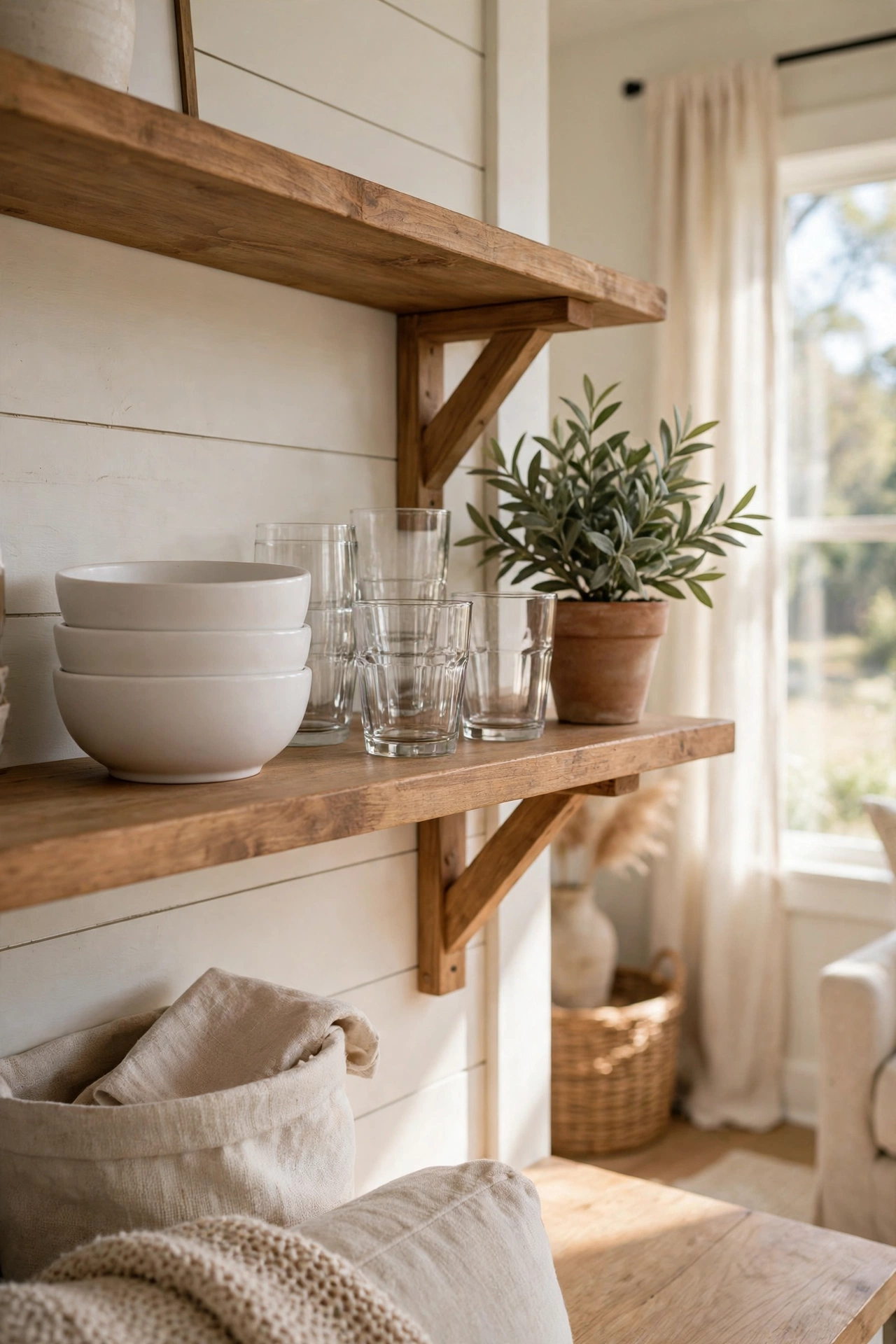 Open shelf styled with white dishes and mason jars in a farmhouse living room