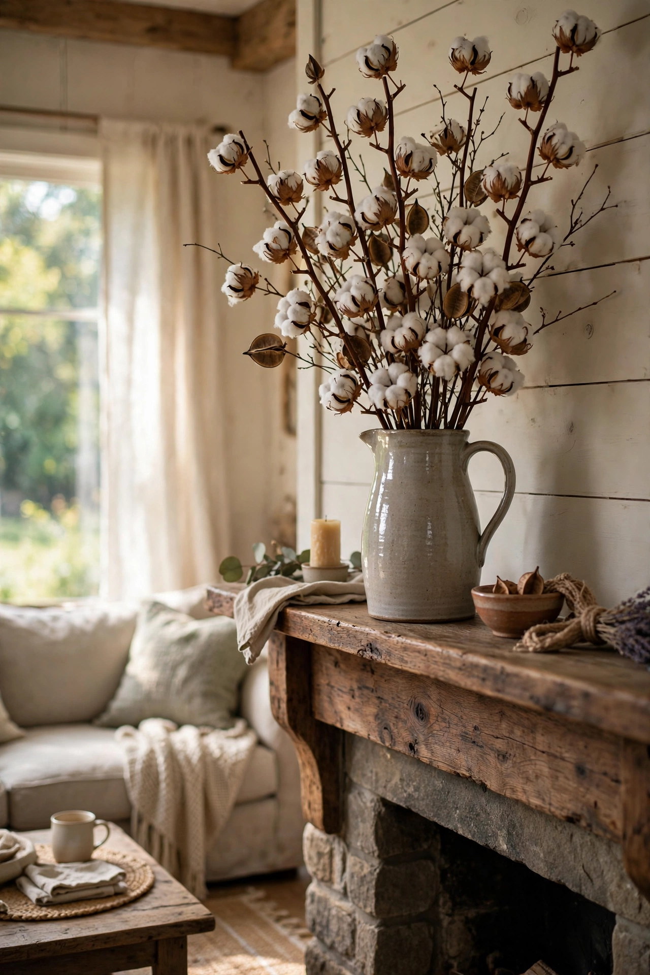 Bundle of cotton stems arranged in a stoneware pitcher on a farmhouse mantel