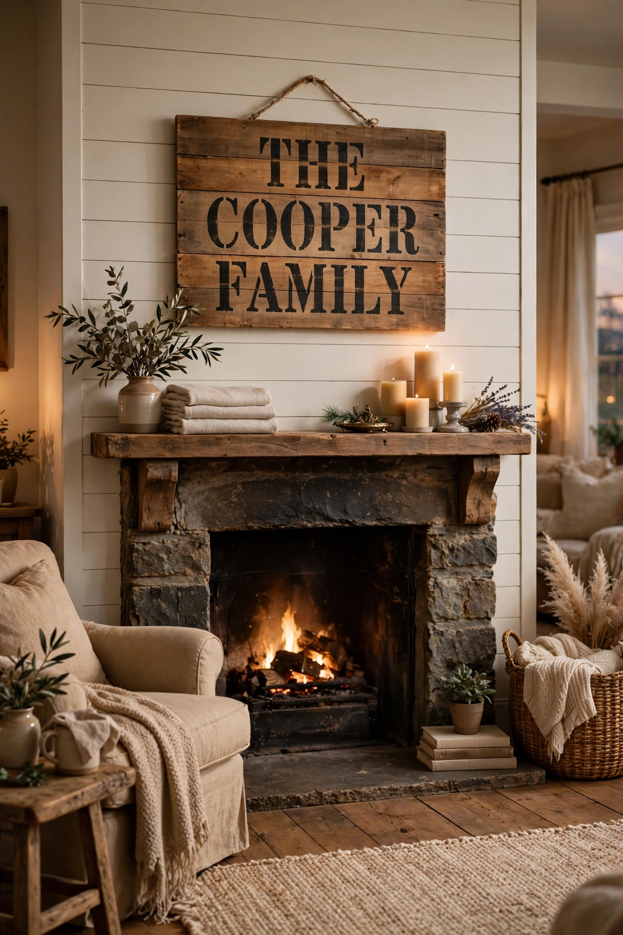 DIY stenciled farmhouse wood sign with family name hanging over a mantel