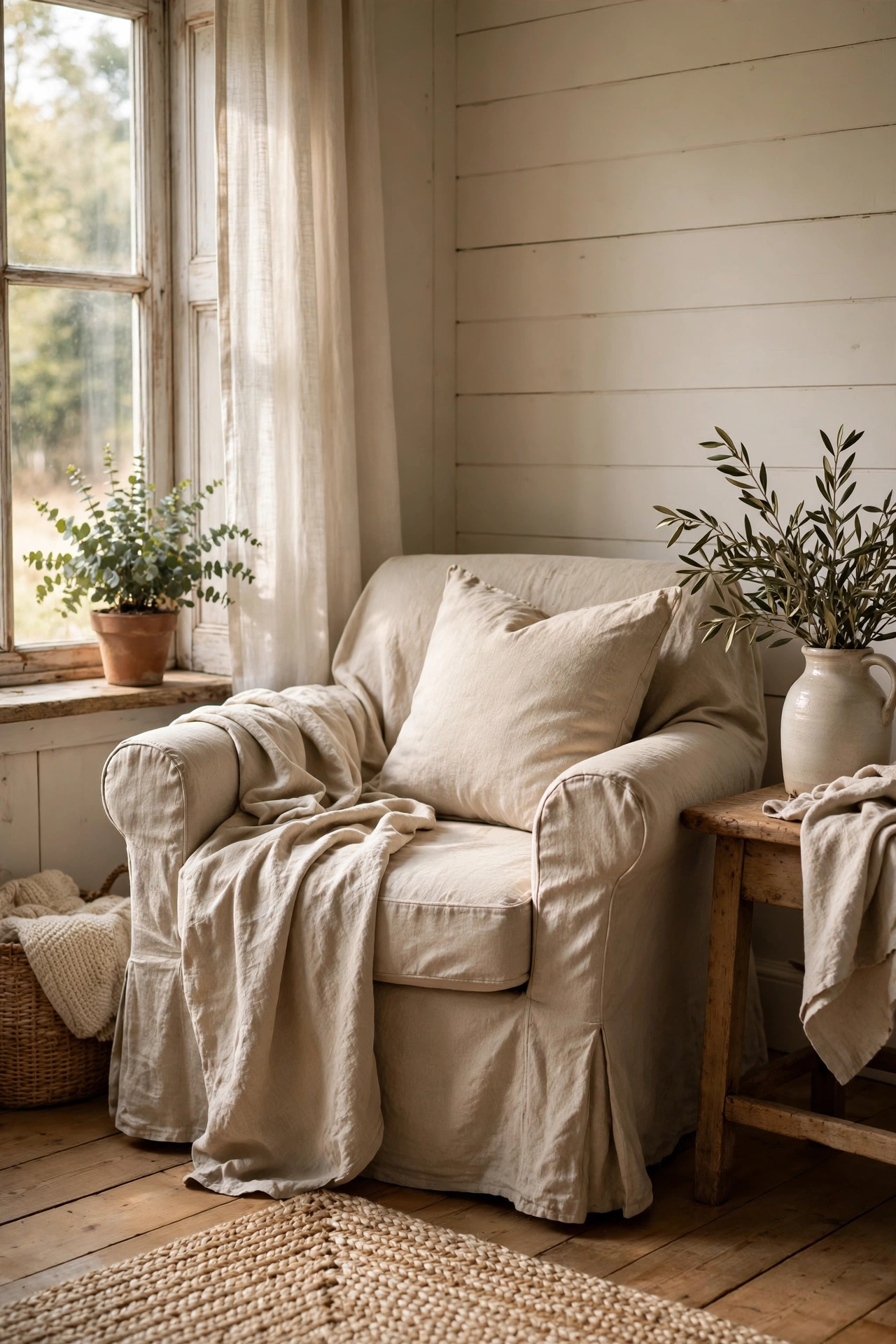 Armchair with a relaxed natural linen slipcover in a farmhouse living room